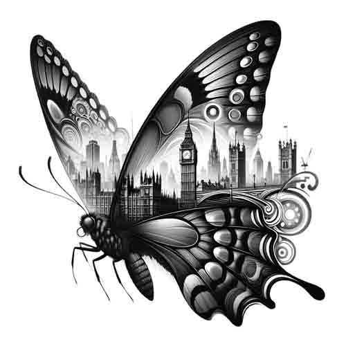 London Butterfly - Cityscape Digital Tattoo Art (PNG, JPEG, SVG) - Instant Download for Tattoos, Apparel