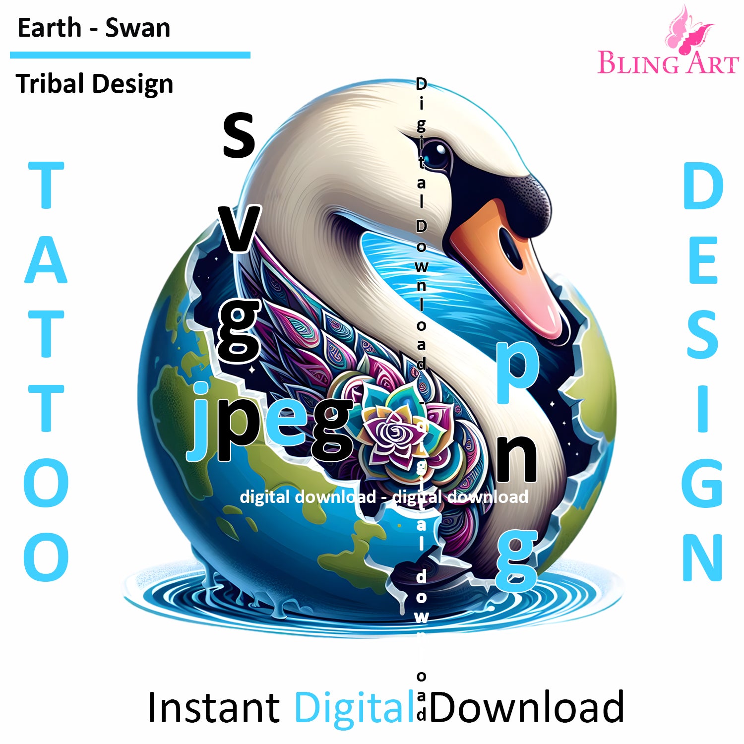 Swan World Tribal Tattoo Art - Digital Design (PNG, JPEG, SVG) - Instant Download for Tattoos, T-Shirts, Wall Art