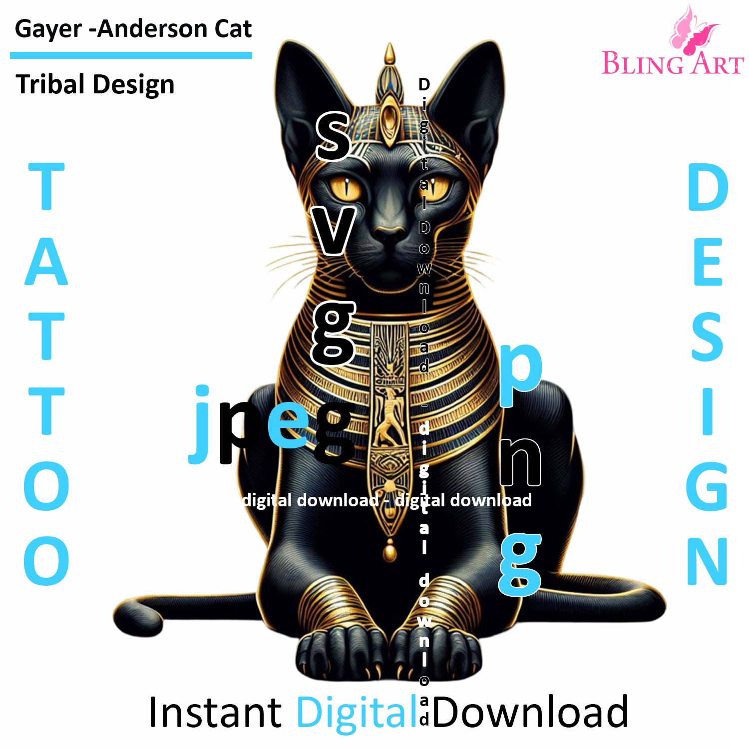Gayer-Anderson Cat Tribal Tattoo Art - Digital Design (PNG, JPEG, SVG) - Instant Download for Tattoos, T-Shirts, Wall Art
