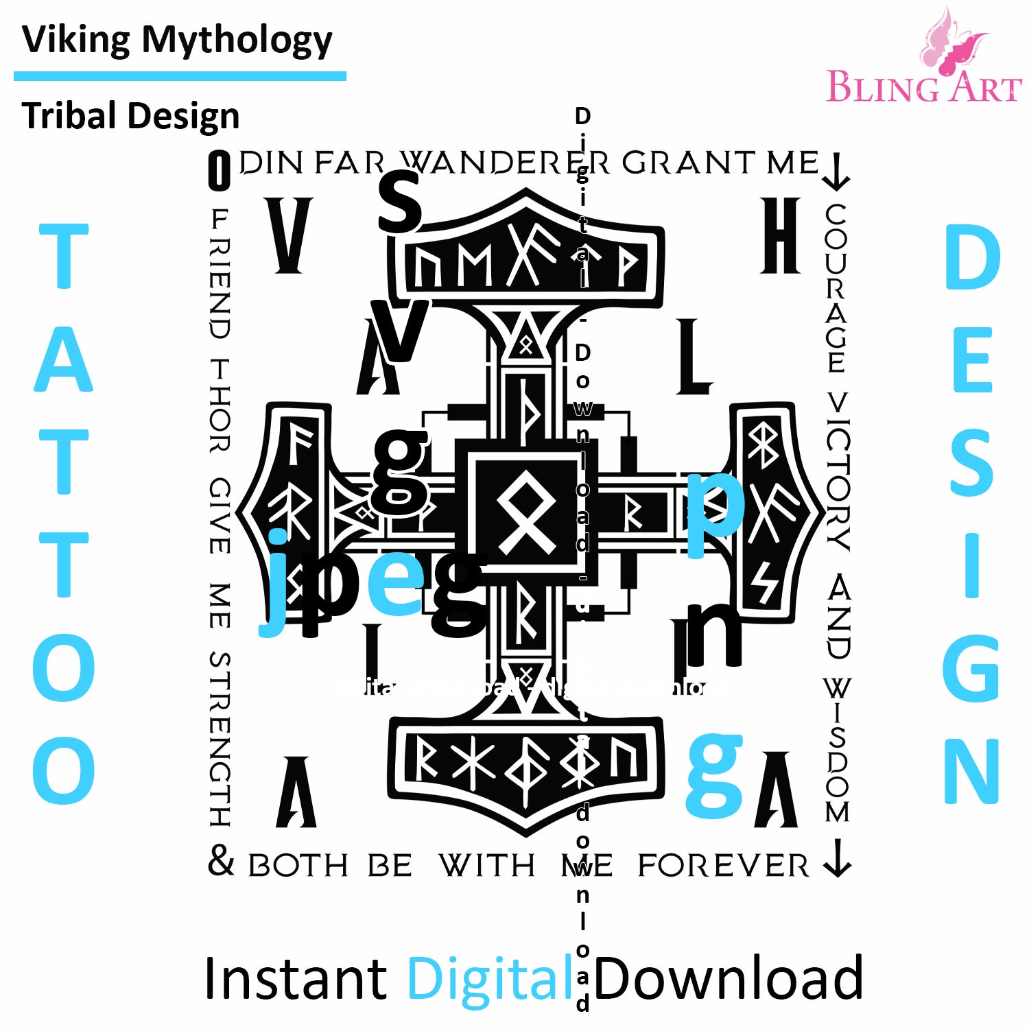 Viking Mjolnir - Digital Design (PNG, JPEG, SVG) - Instant Download for Tattoos, T-Shirts, Wall Art