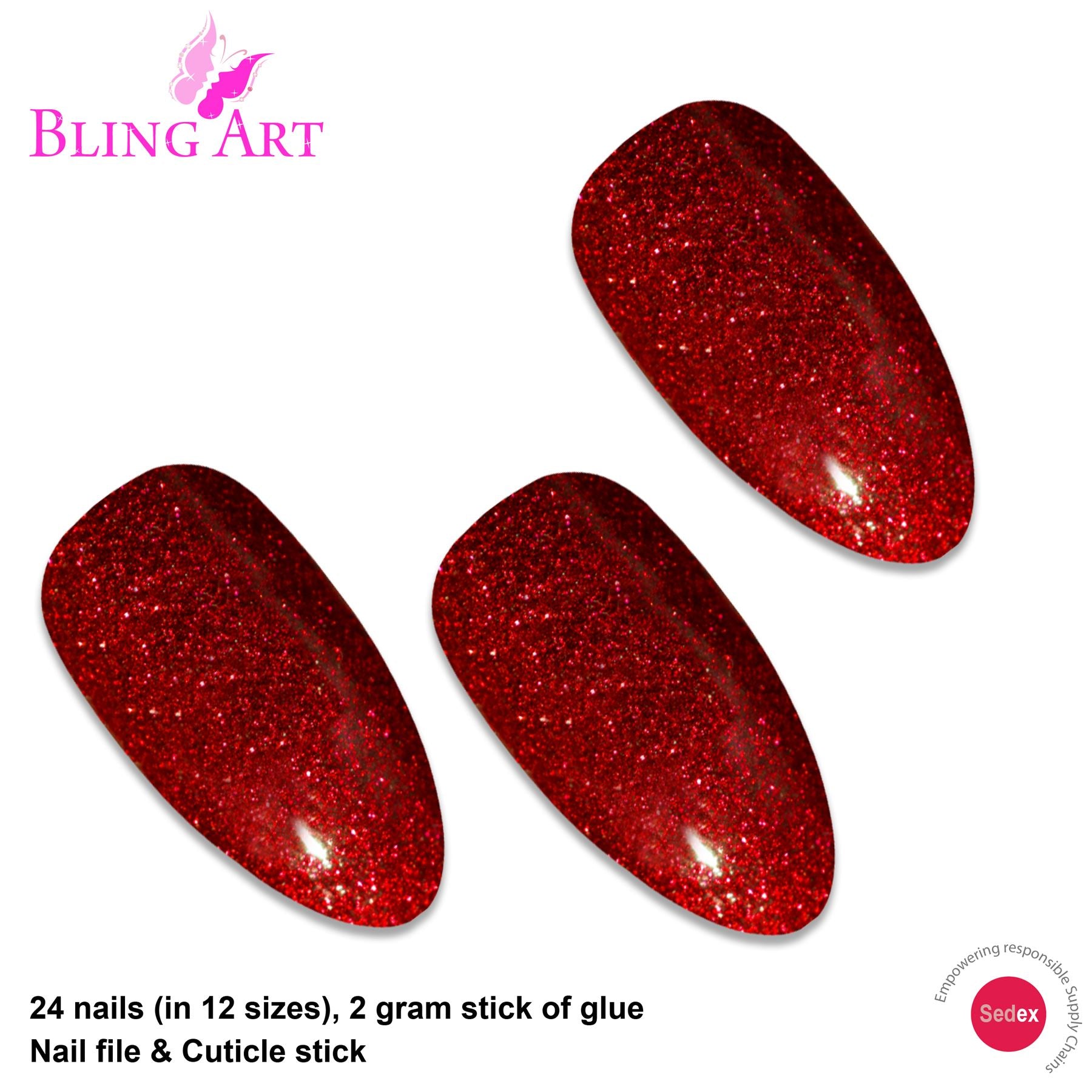 False Nails Bling Art Red Gel Almond Stiletto Long Fake Acrylic Tips with Glue
