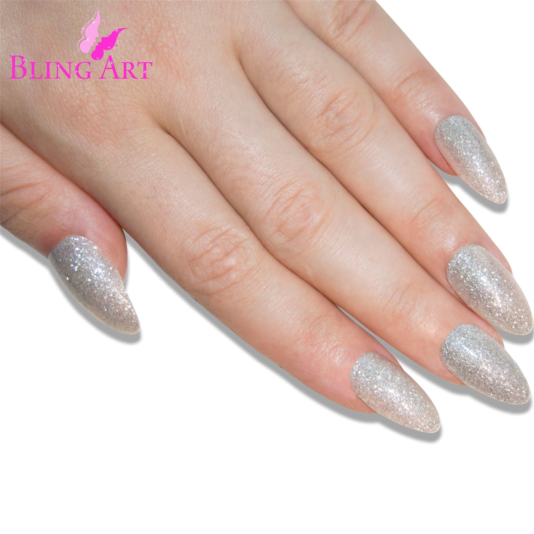 False Nails Bling Art Silver Gel Almond Stiletto Long Fake Acrylic Tips with Glue
