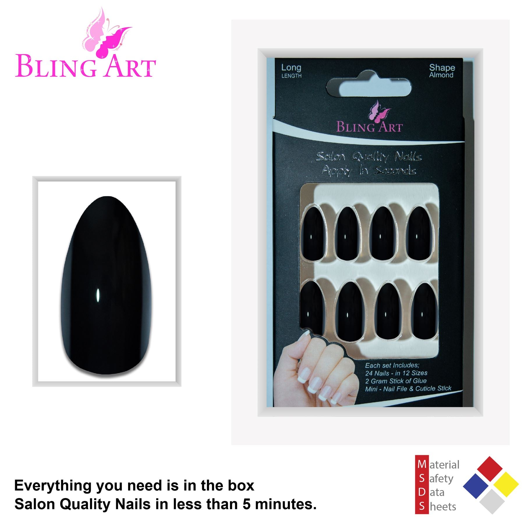 False Nails Bling Art Black Polished Almond Stiletto Long Fake Acrylic Tips Glue
