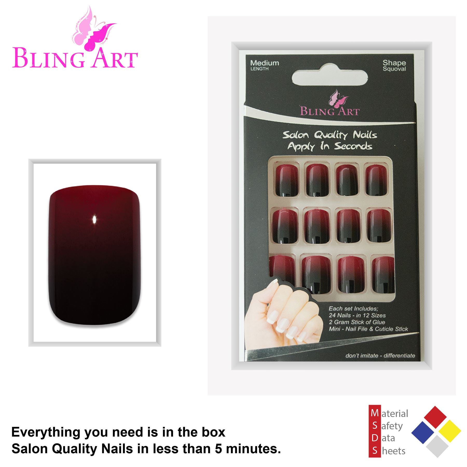 False Nails by Bling Art Red Black French Squoval 24 Fake Medium Acrylic Tips