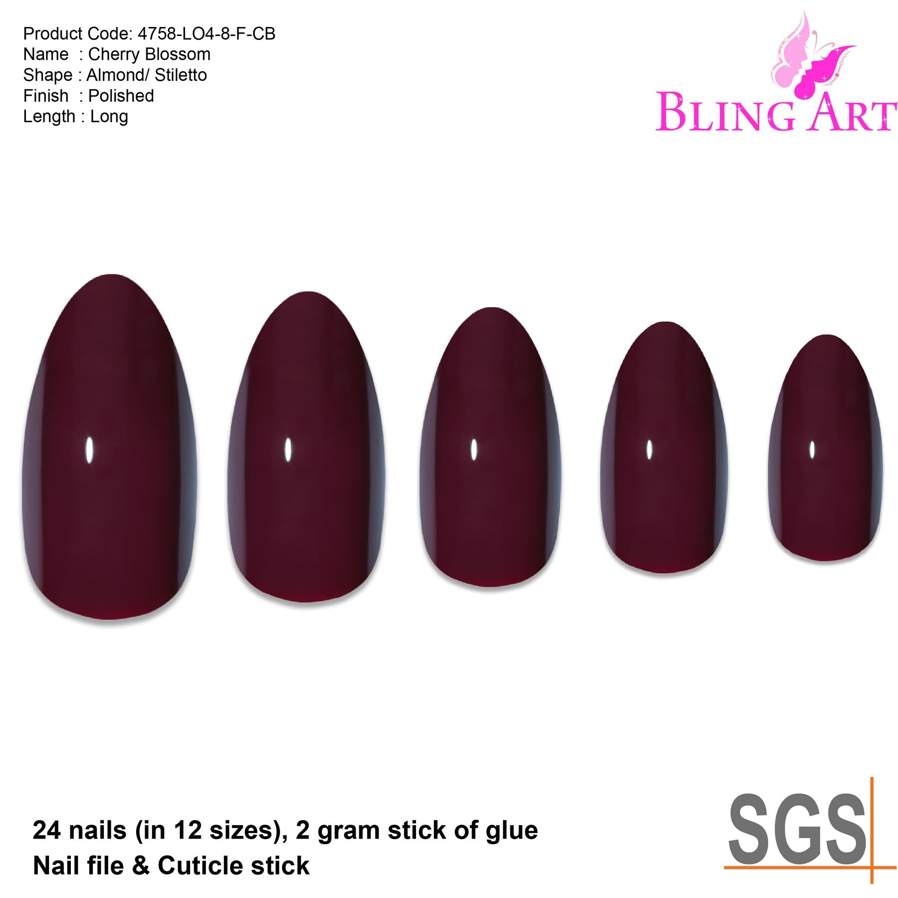 False Nails Bling Art Brown Red Almond Stiletto Long Fake Acrylic Tips with Glue