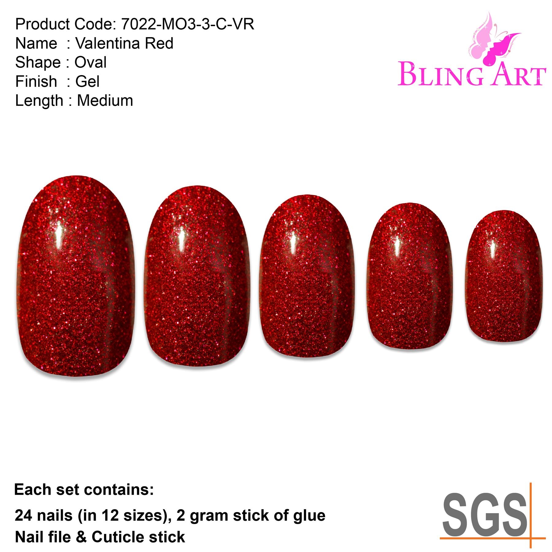 False Nails by Bling Art Red Gel Oval Medium Fake Acrylic 24 Tips with Glue