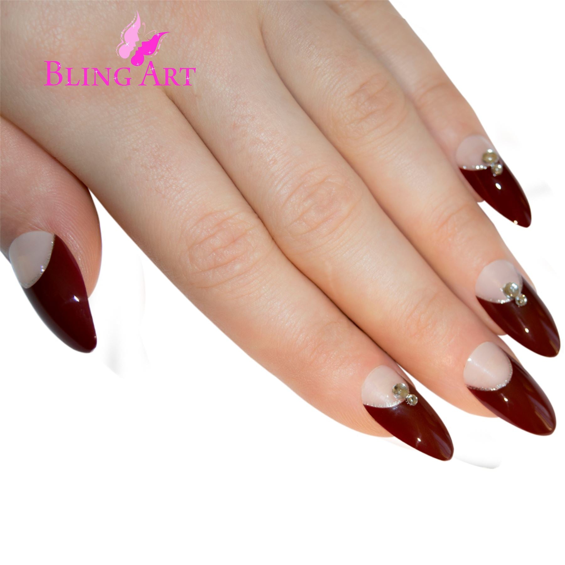 False Nails Bling Art Red Brown Almond Stiletto Long Fake Acrylic Tips with Glue