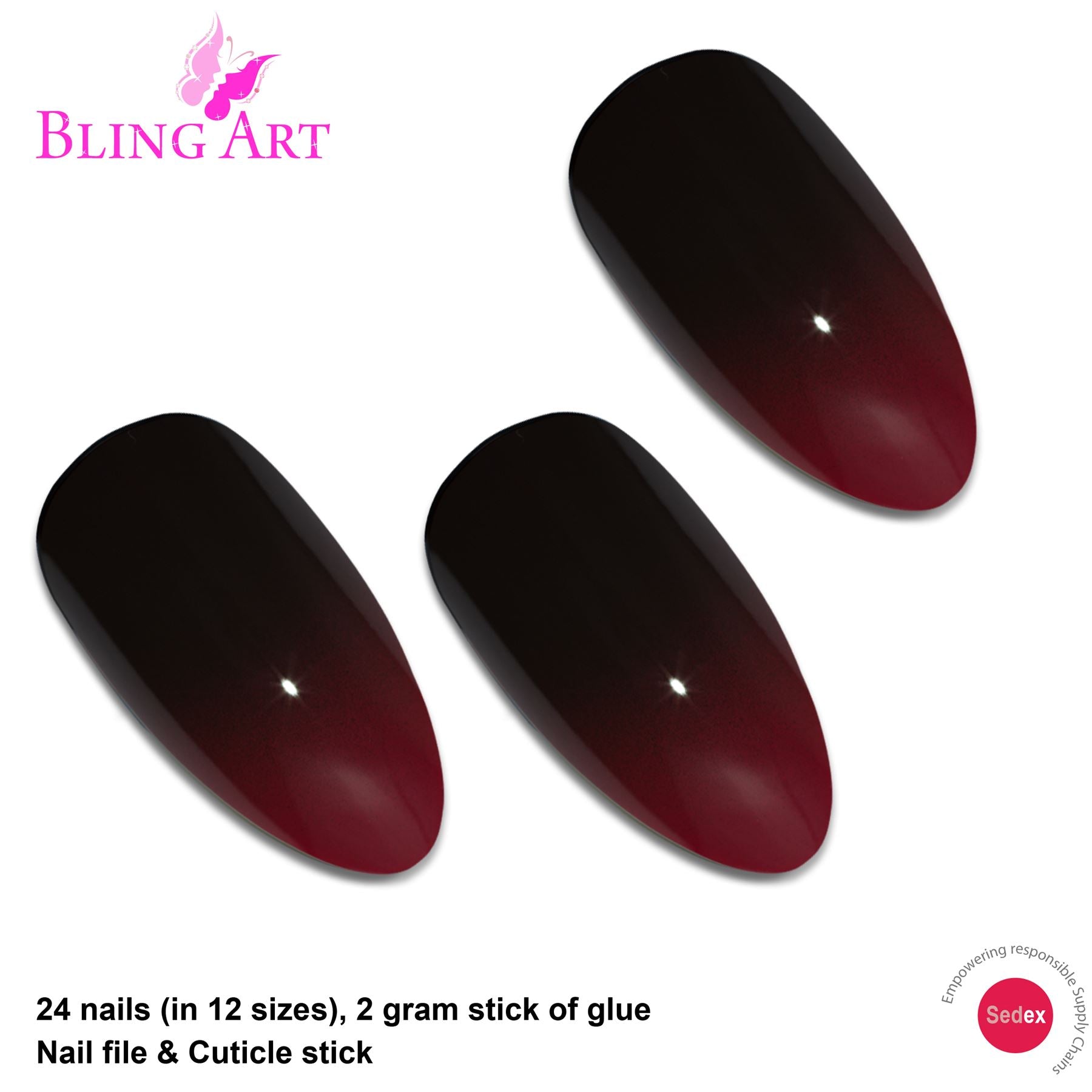 False Nails by Bling Art Red Black Almond Stiletto Acrylic 24 Fake Long Tips