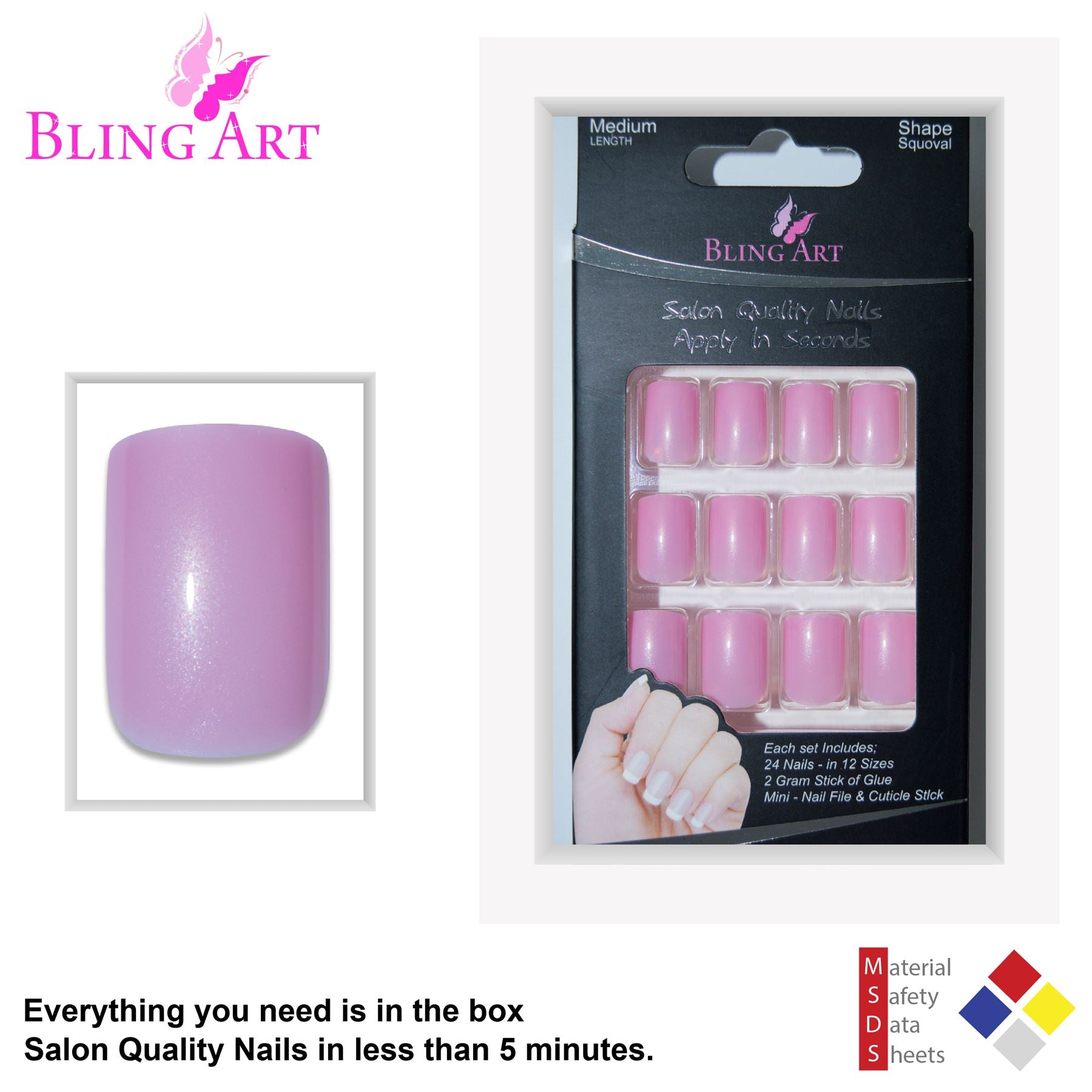 False Nails Bling Art Glitter Pink French Manicure Fake Medium Tips with Glue
