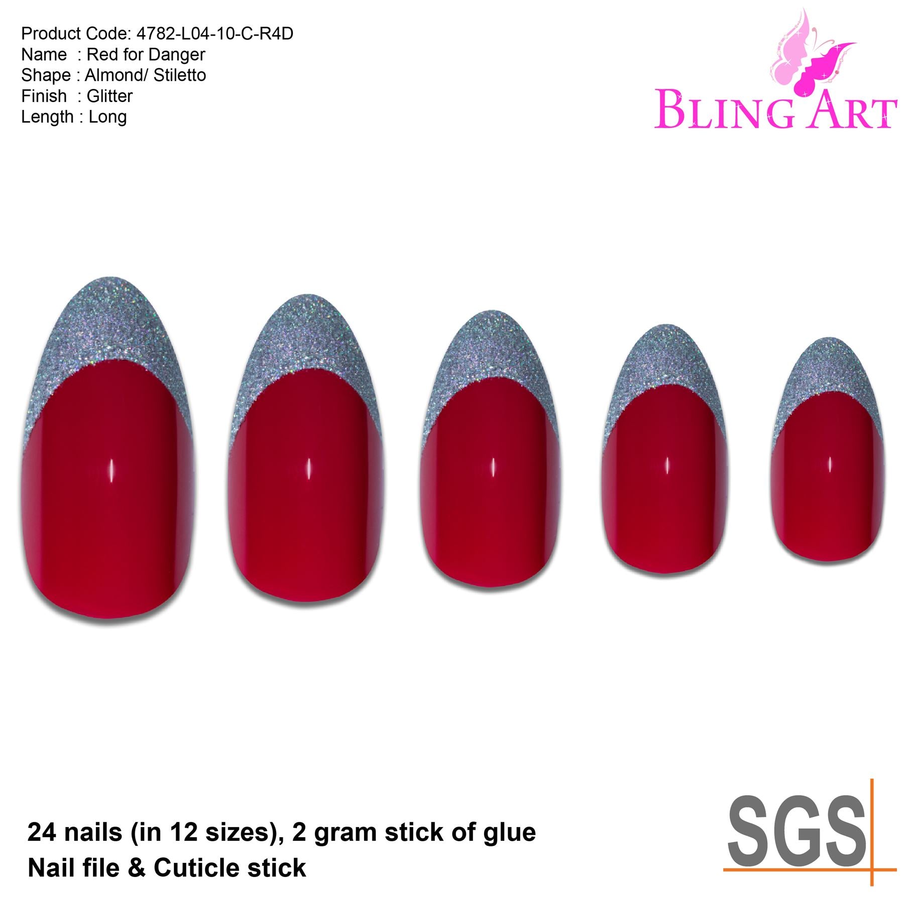 False Nails Bling Art Red Silver Almond Stiletto Long Fake Acrylic Tips and Glue