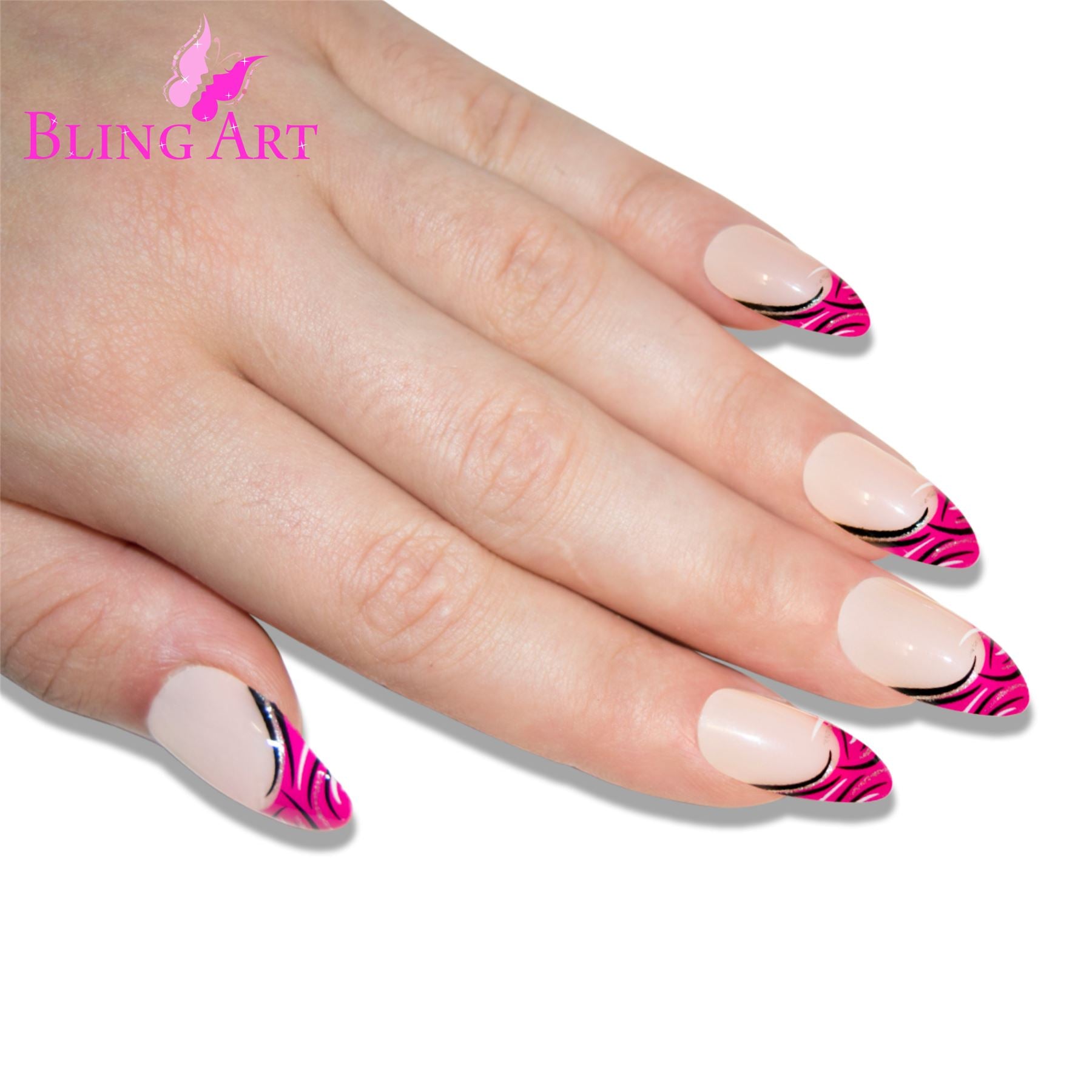False Nails by Bling Art Glitter Pink 24 Almond Stiletto Long Fake Tips with Glue