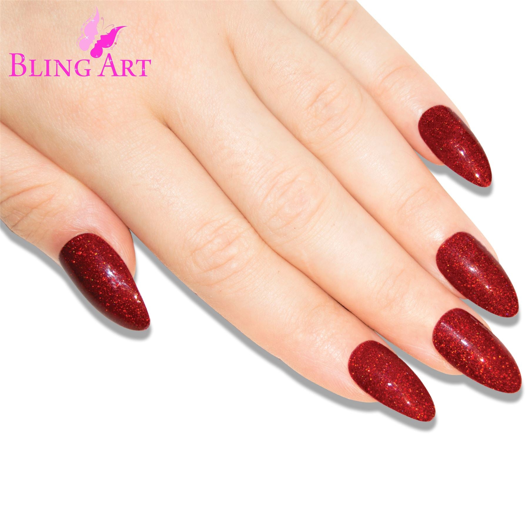False Nails Bling Art Red Gel Almond Stiletto Long Fake Acrylic Tips with Glue