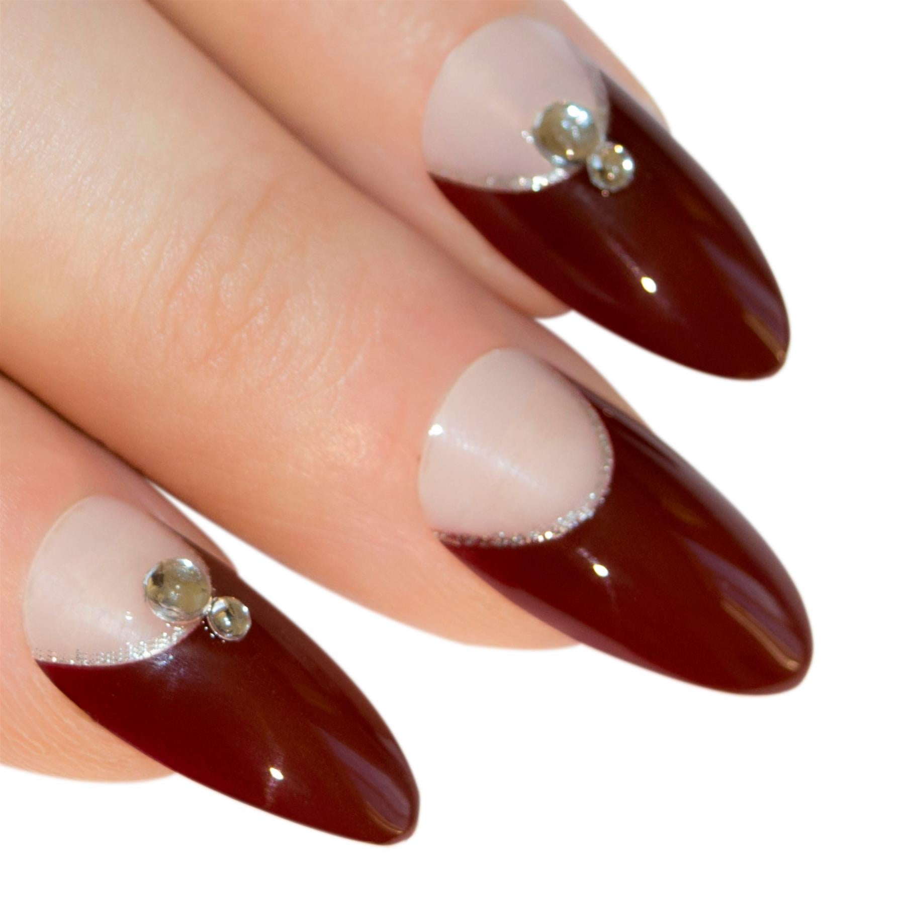 False Nails Bling Art Red Brown Almond Stiletto Long Fake Acrylic Tips with Glue