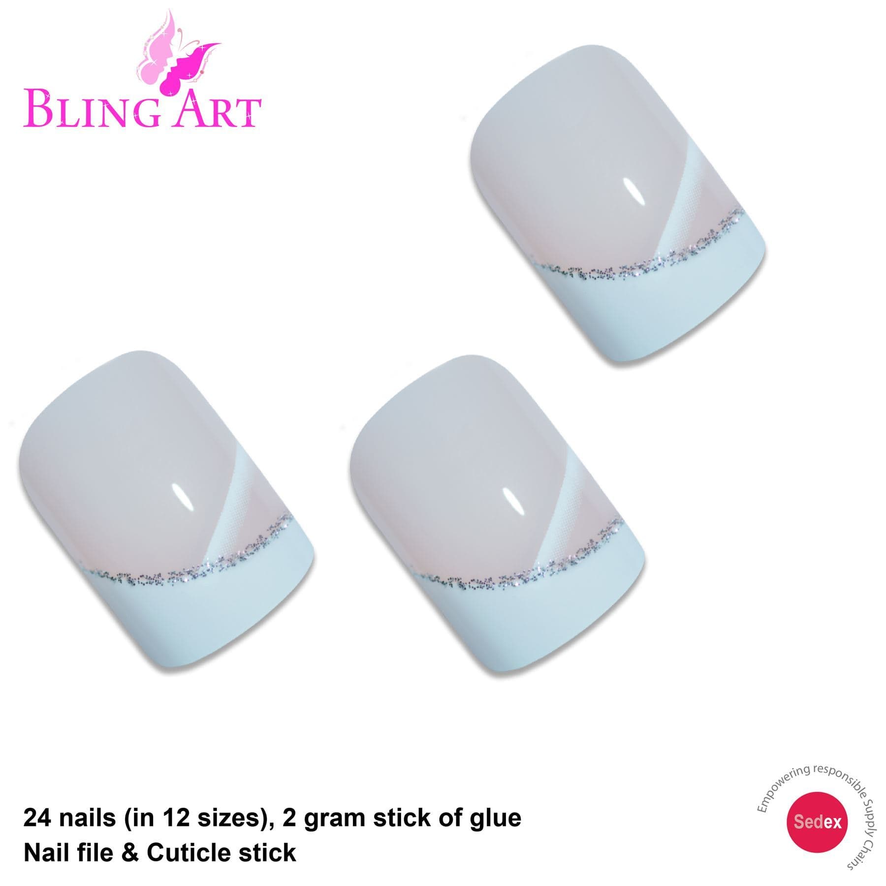False Nails by Bling Art White Glitter French Manicure Fake Medium Tips with Glue