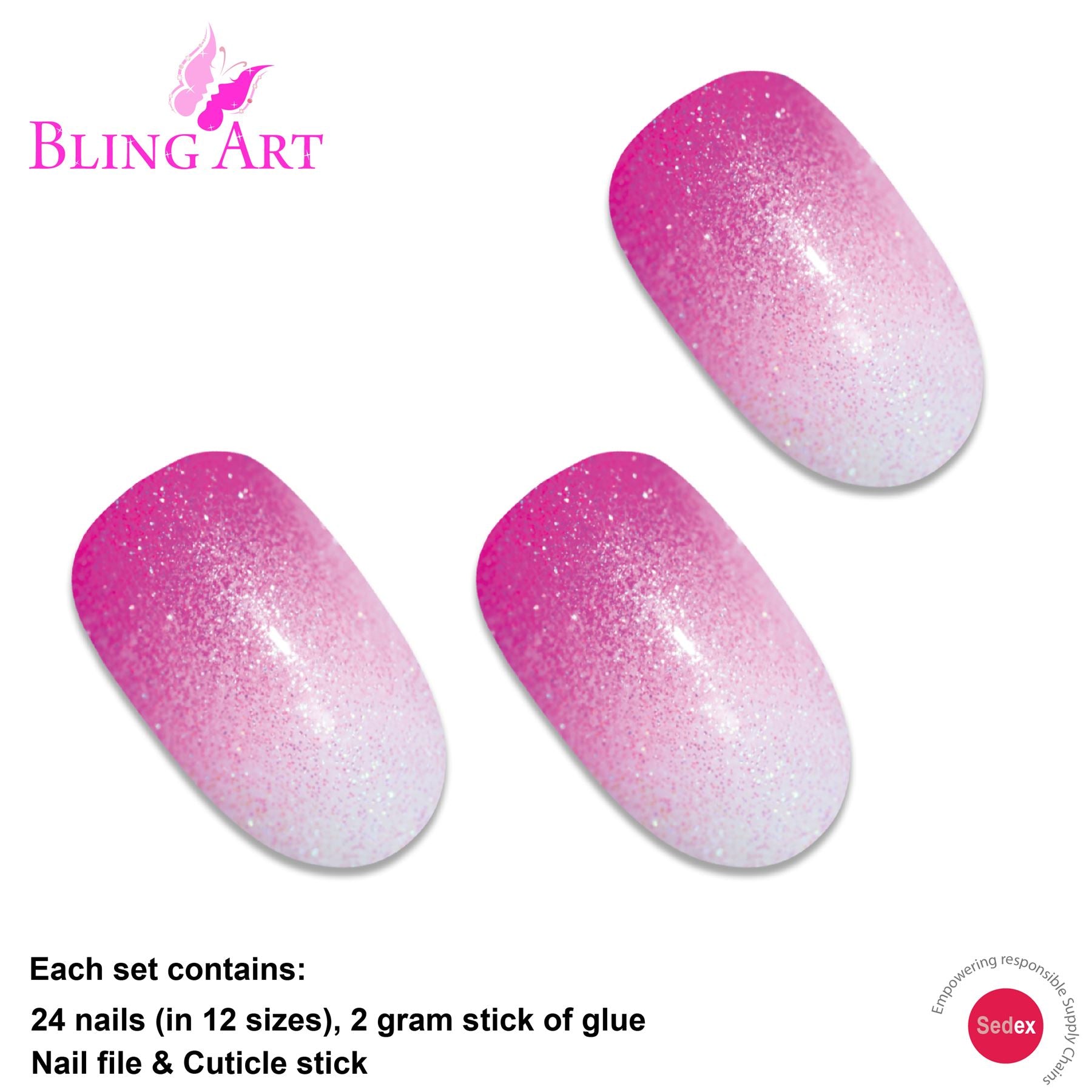 False Nails by Bling Art Pink Gel Ombre Oval Medium Fake Acrylic 24 Tips Glue