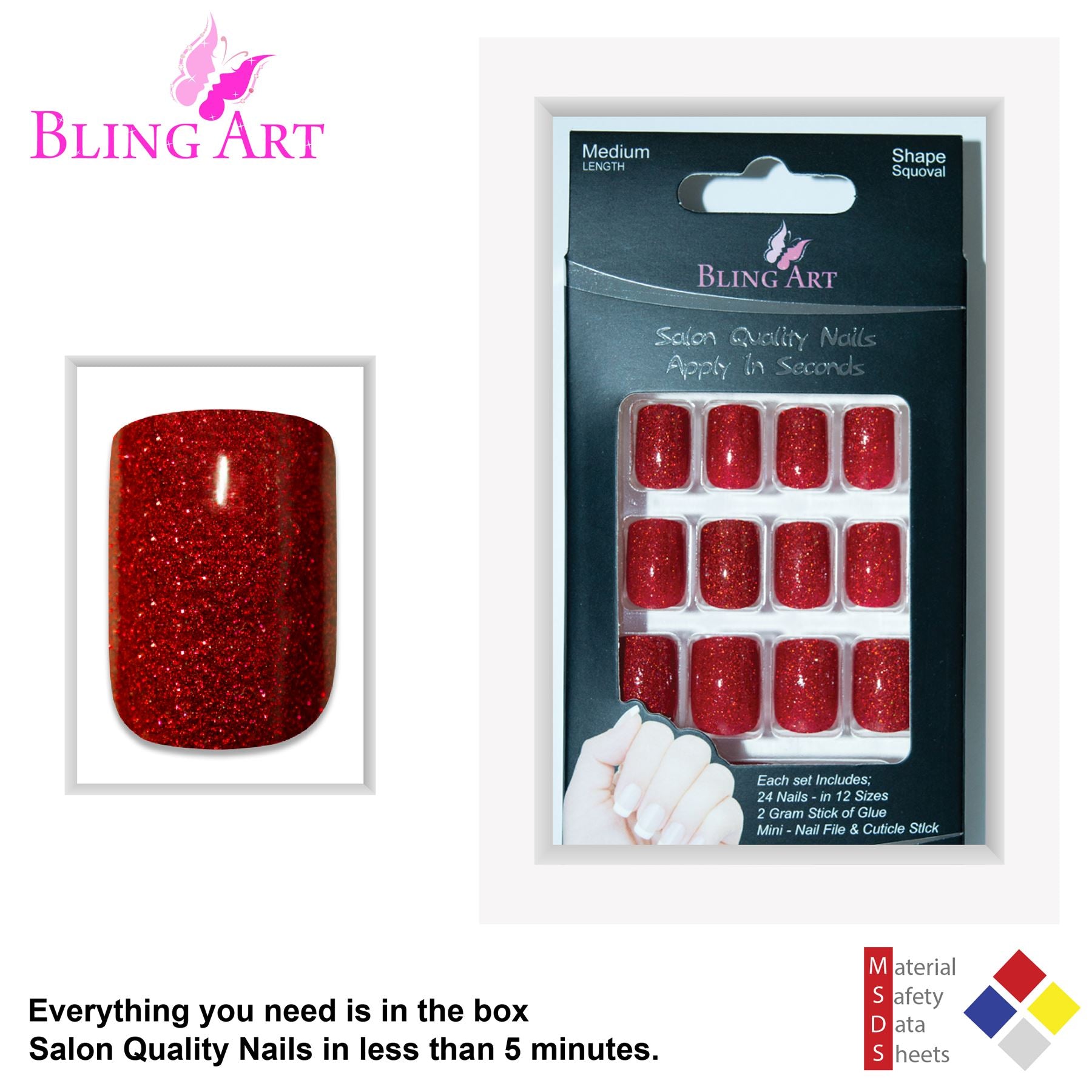 False Nails by Bling Art Red Gel French Manicure Fake Medium Tips with Glue