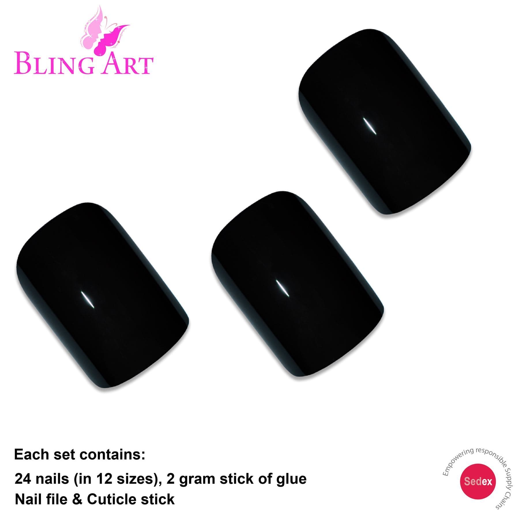 False Nails Bling Art Black Polished French Manicure Fake Medium Tips with Glue