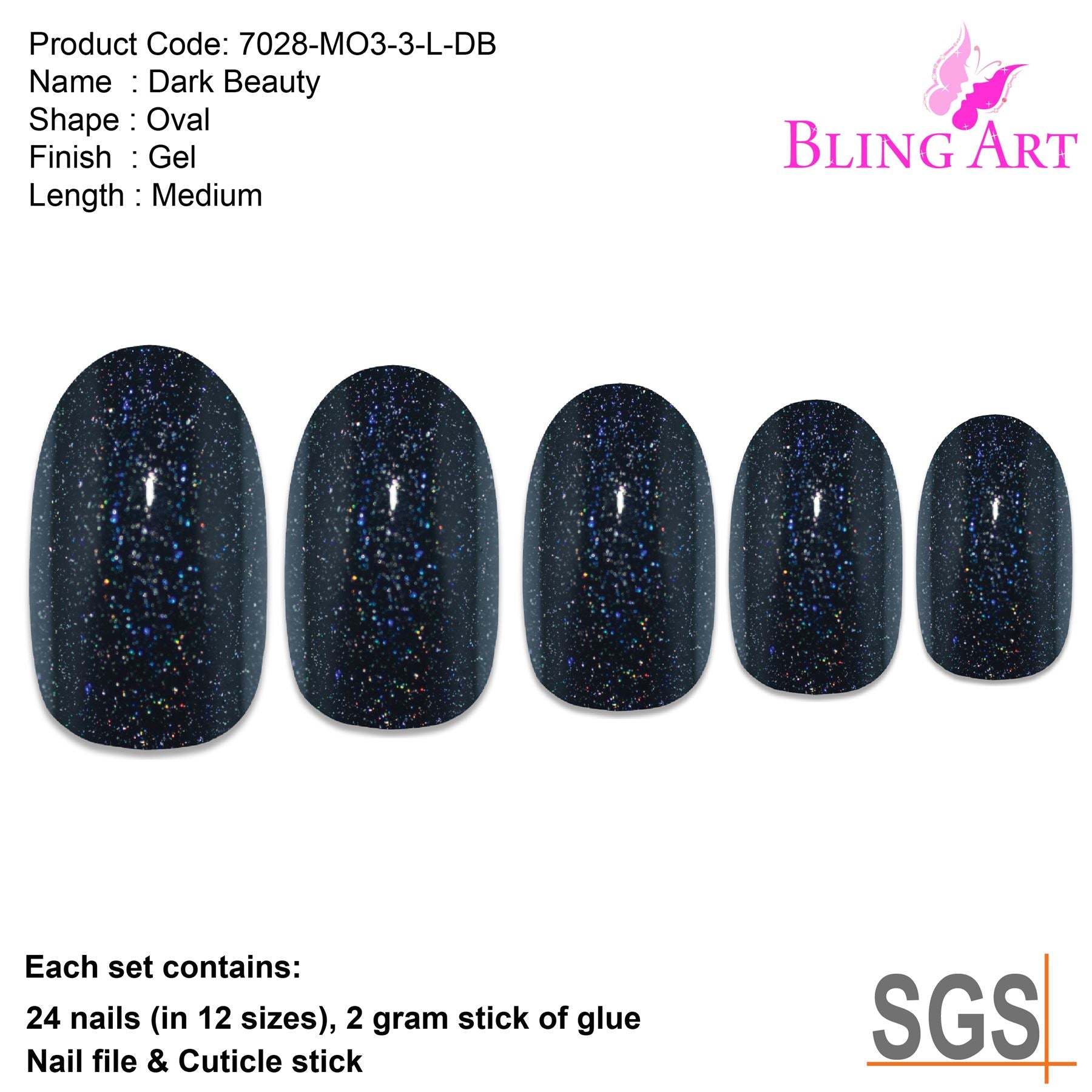 False Nails by Bling Art Black Gel Oval Medium Fake Acrylic 24 Tips with Glue