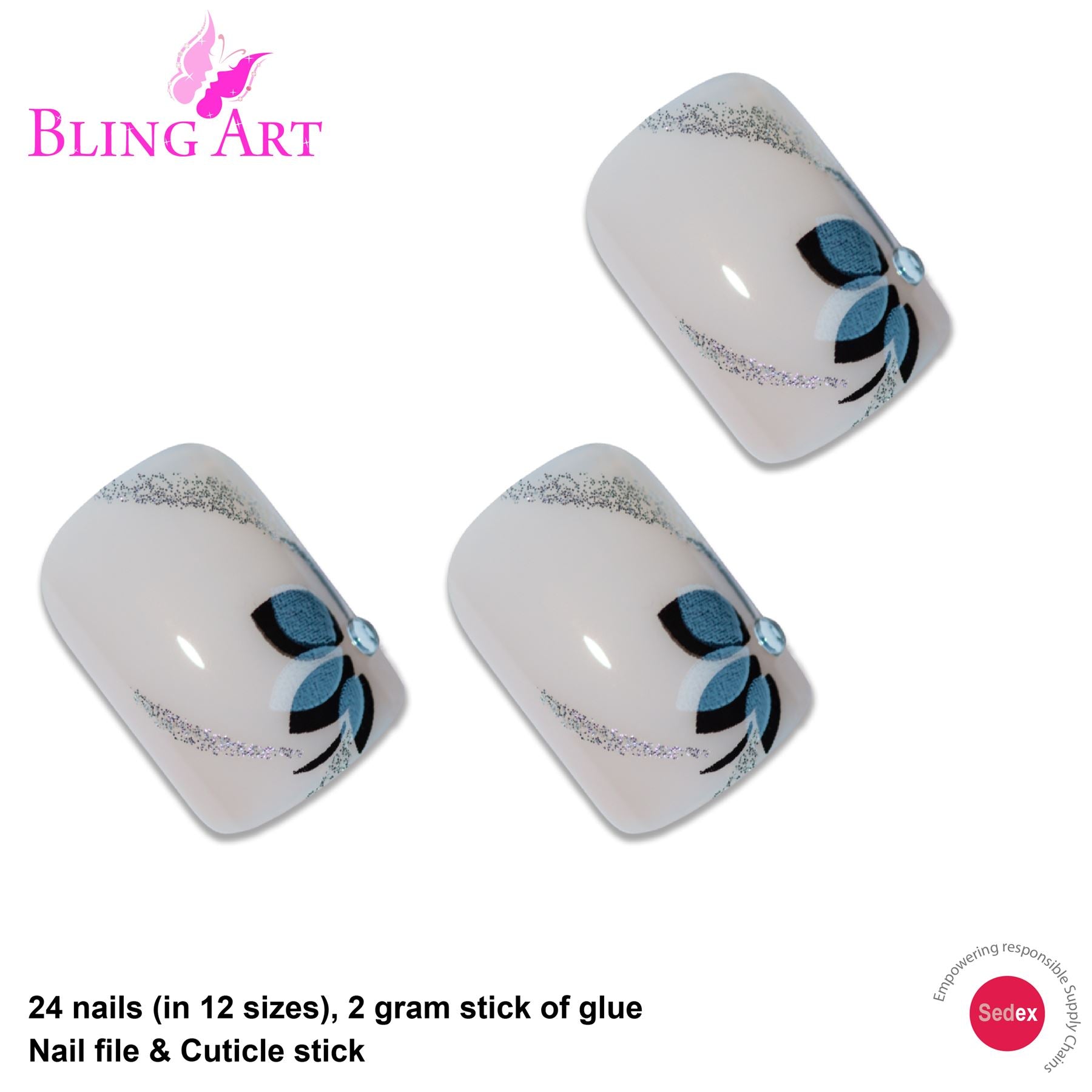 False Nails by Bling Art White Black Flower French Manicure Fake Medium Tips Glue