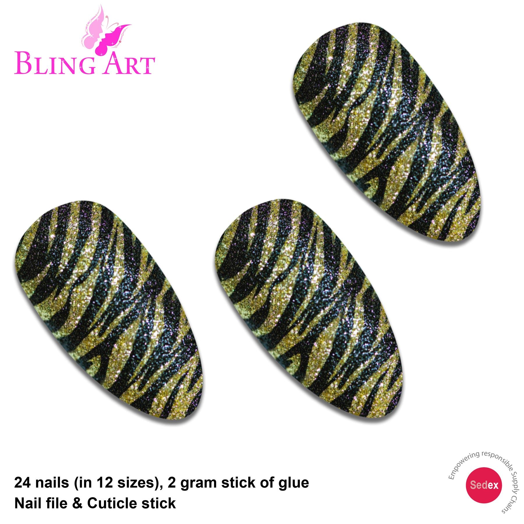 False Nails Bling Art Gold Black Almond Stiletto Long Fake Acrylic Tips with Glue
