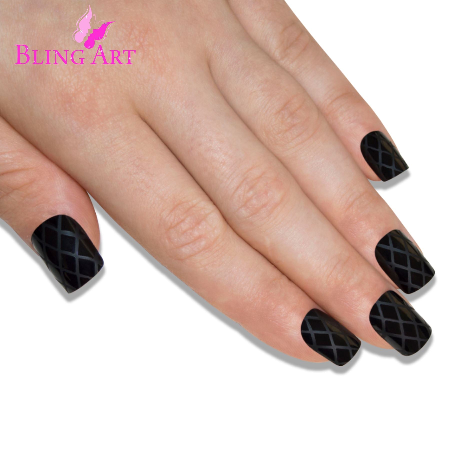 False Nails by Bling Art Matte Black French Manicure Fake Medium Tips with Glue
