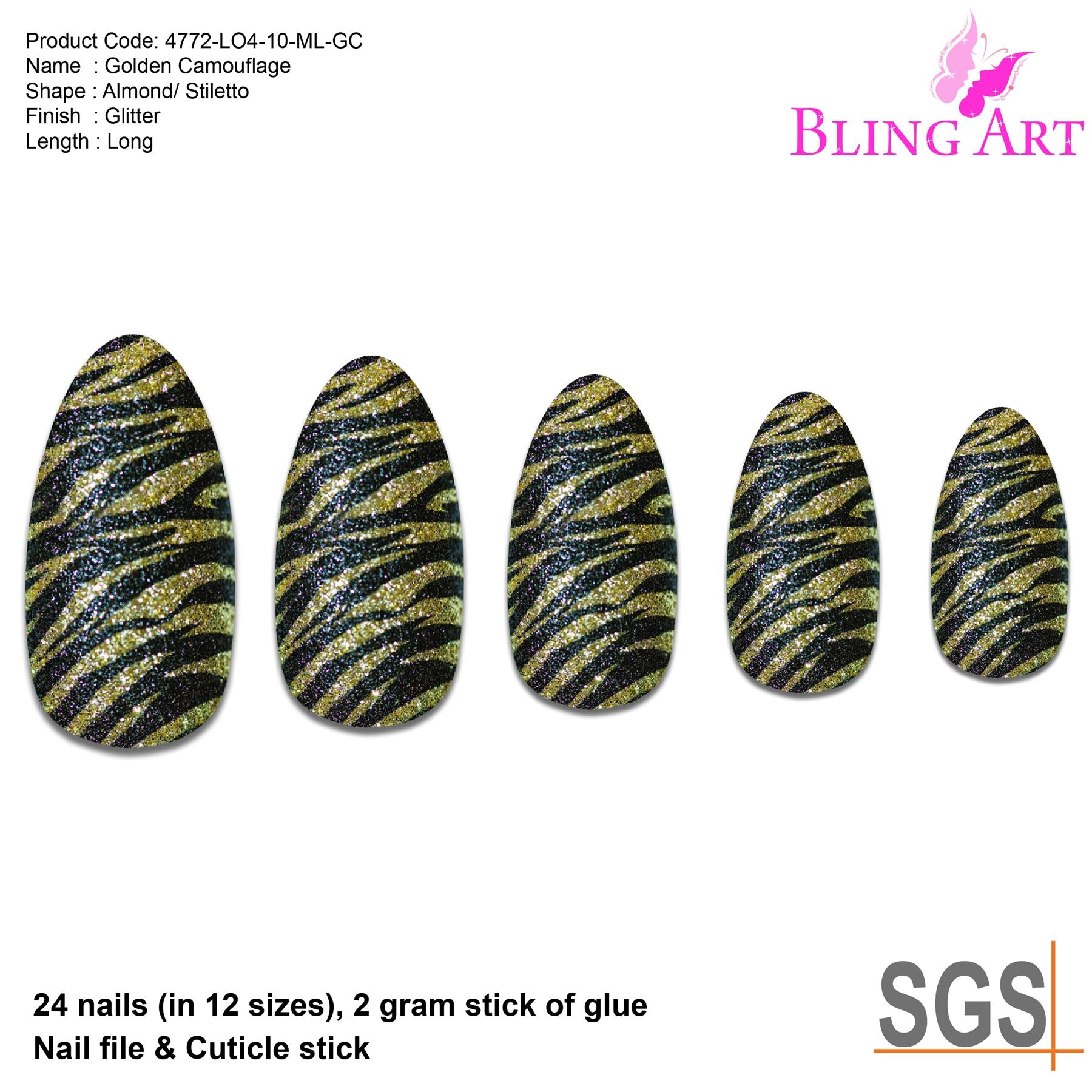False Nails Bling Art Gold Black Almond Stiletto Long Fake Acrylic Tips with Glue