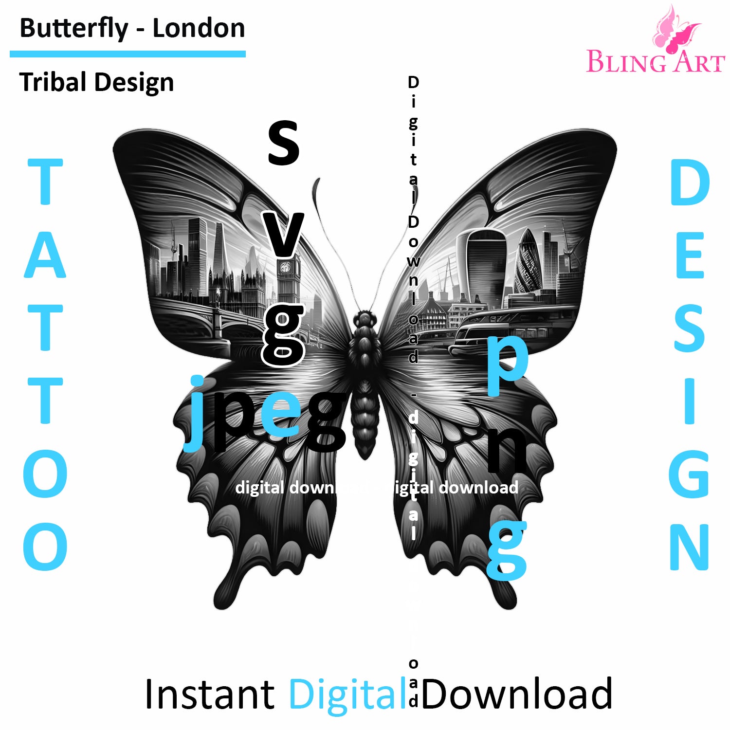 London Butterfly - Cityscape Digital Tattoo Art (PNG, JPEG, SVG) - Instant Download for Tattoos, Apparel