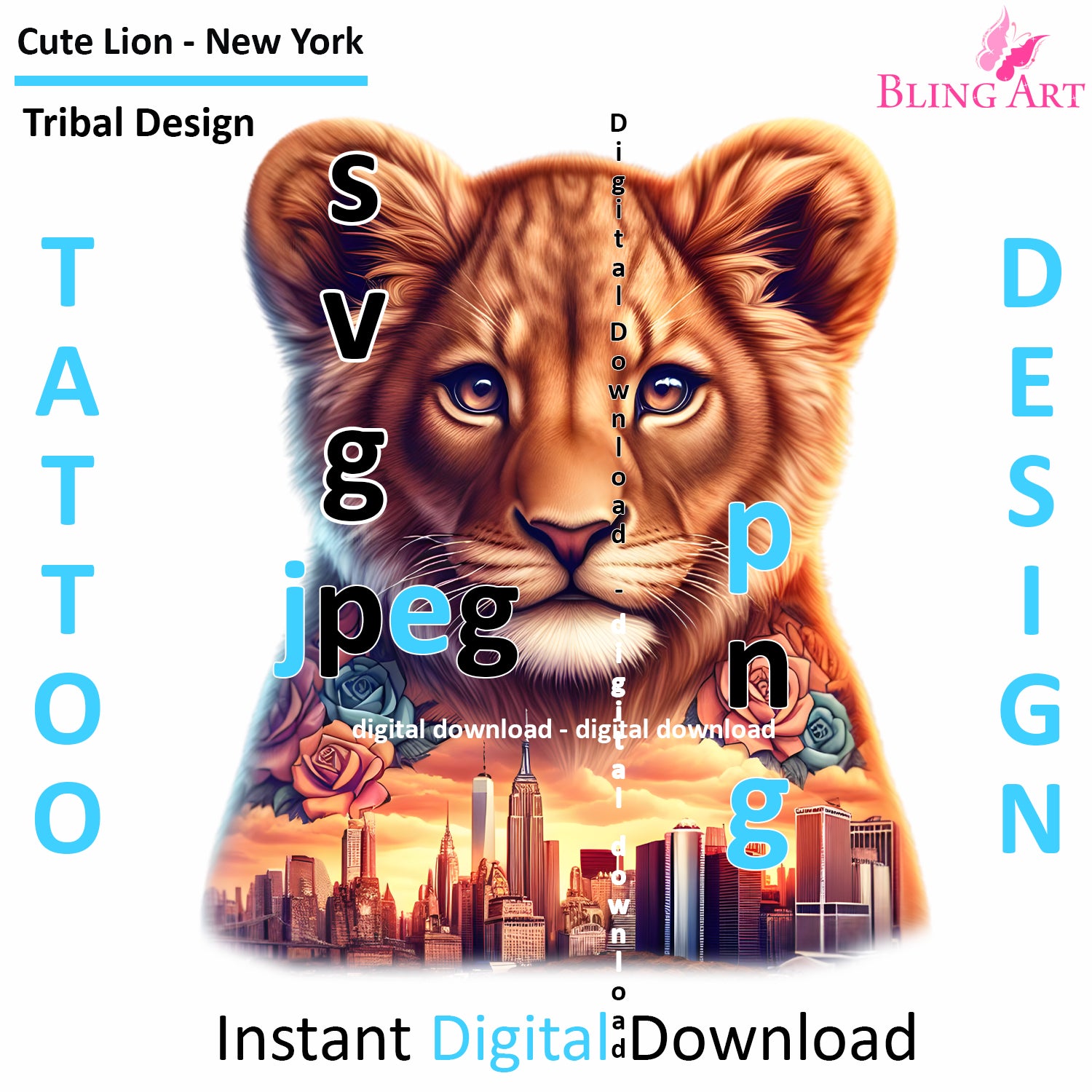 New York Lion Tribal Tattoo Art - Digital Design (PNG, JPEG, SVG) - Instant Download for Tattoos, T-Shirts, Wall Art