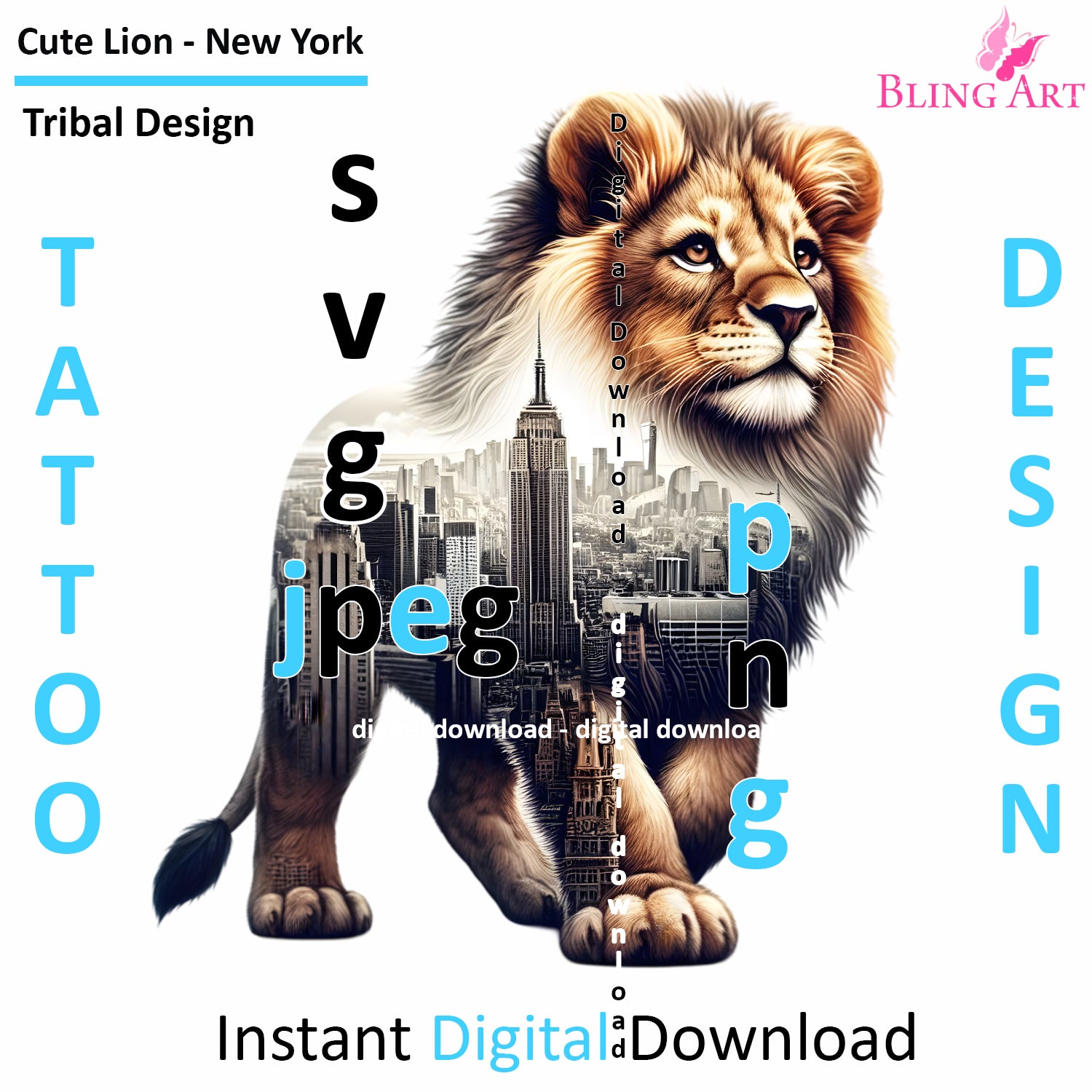 New York Lion Tribal Tattoo Art - Digital Design (PNG, JPEG, SVG) - Instant Download for Tattoos, T-Shirts, Wall Art