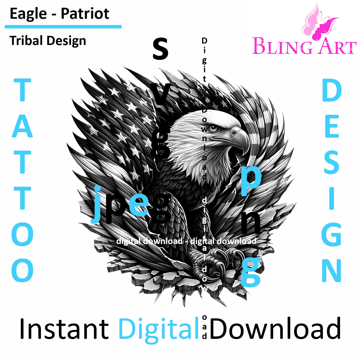 Eagle Patriot - Instant Download Digital Tribal Tattoo USA Art in PNG, JPEG & SVG , Animal Art, T shirts, Wall art or Home