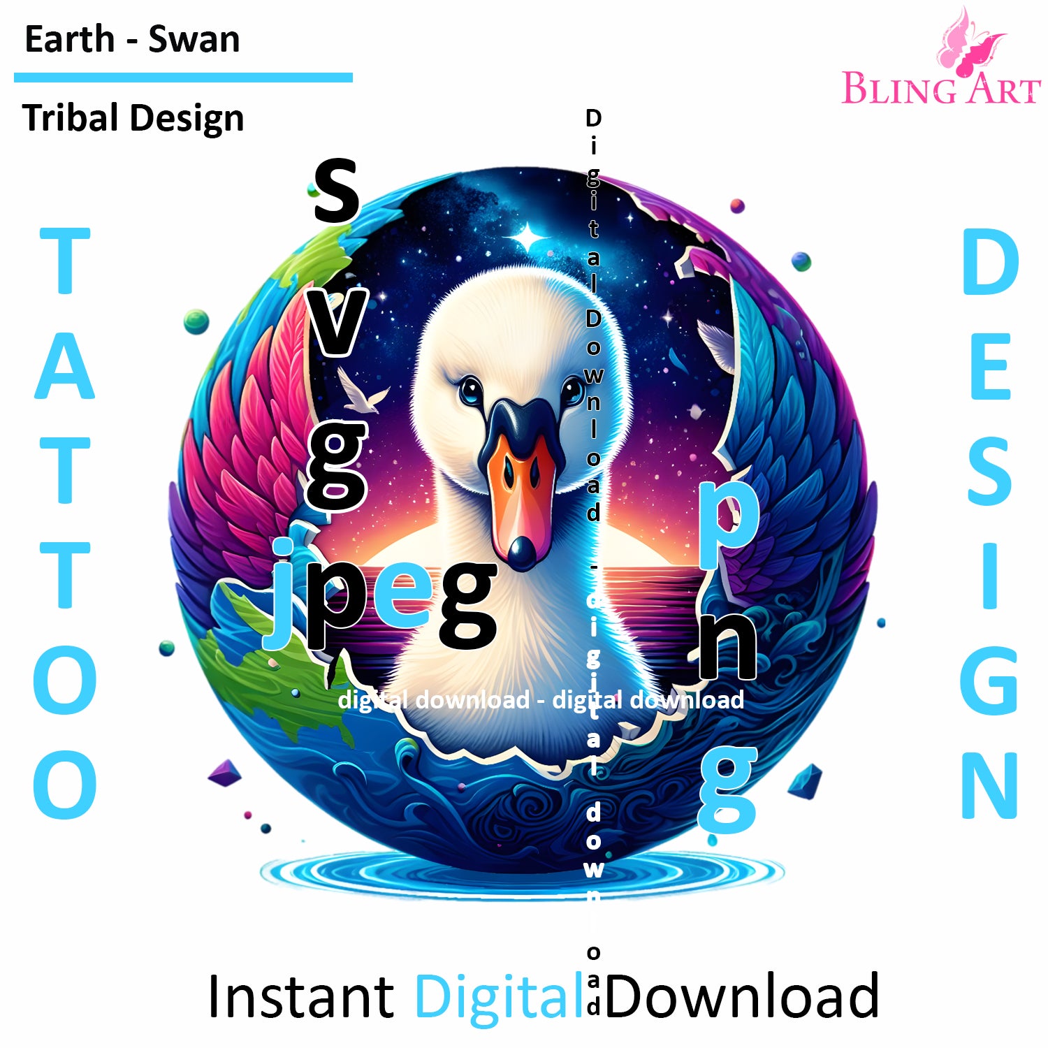 Swan World Tribal Tattoo Art - Digital Design (PNG, JPEG, SVG) - Instant Download for Tattoos, T-Shirts, Wall Art
