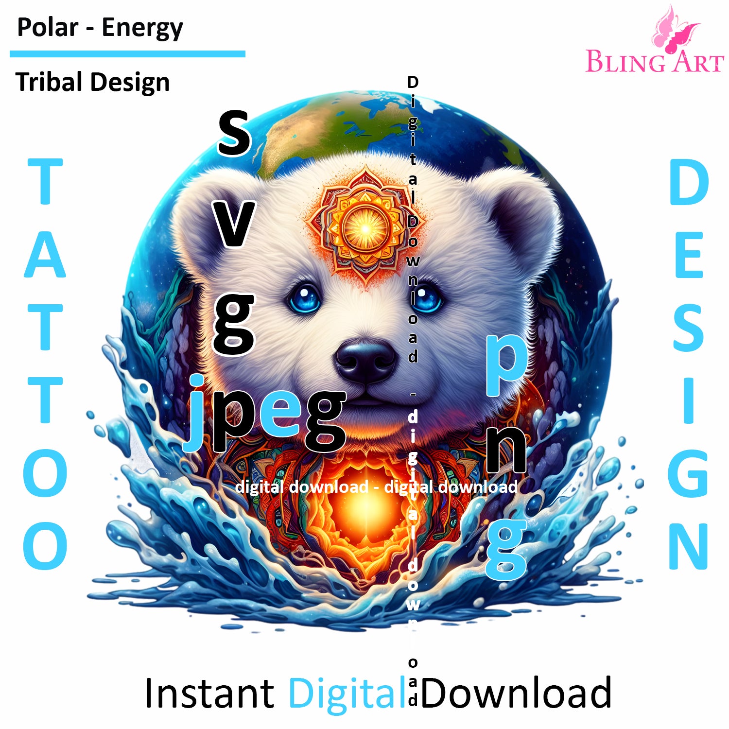 Polar Bear World Tribal Tattoo Art - Digital Design (PNG, JPEG, SVG) - Instant Download for Tattoos, T-Shirts, Wall Art