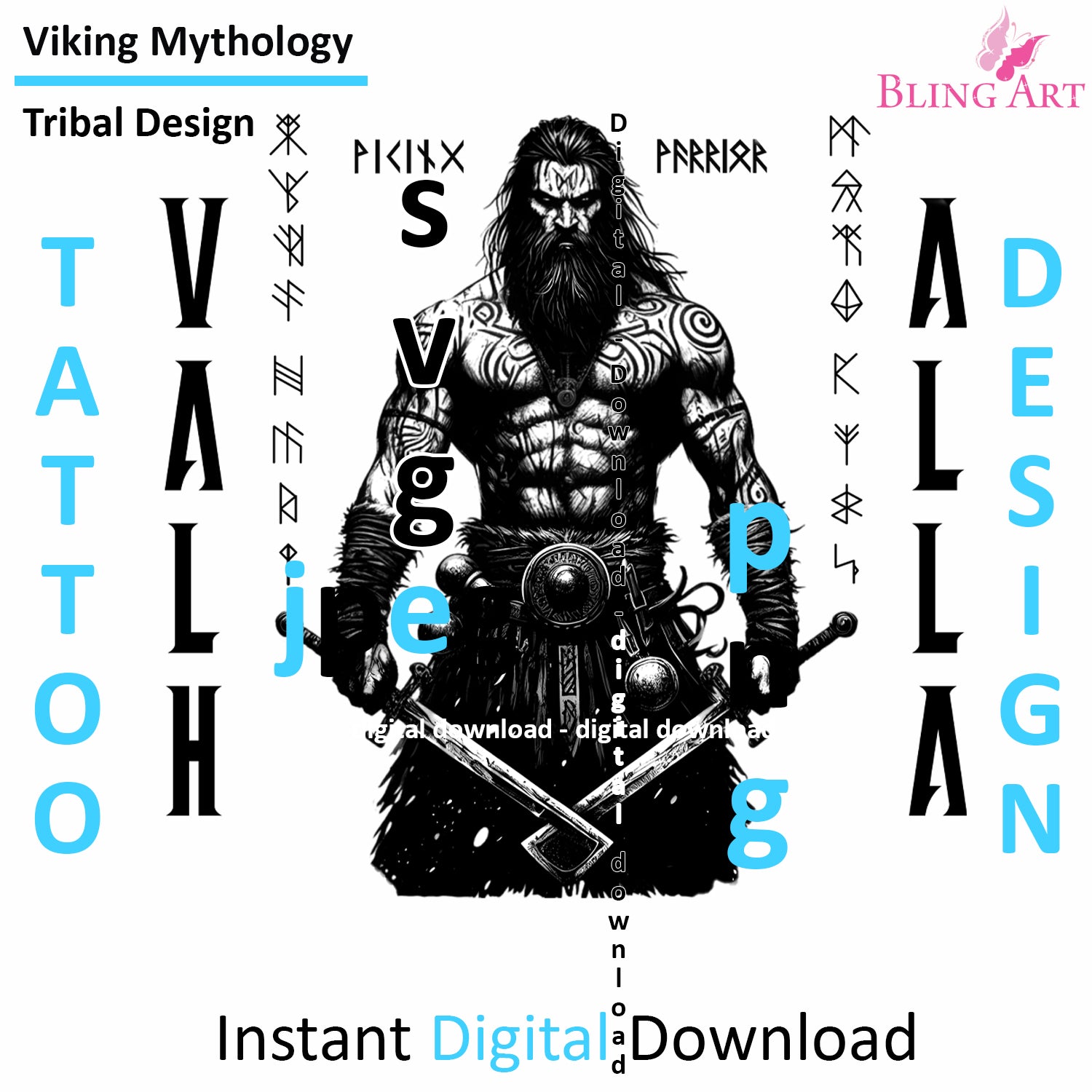 Viking Warrior - Digital Design (PNG, JPEG, SVG) - Instant Download for Tattoos, T-Shirts, Wall Art