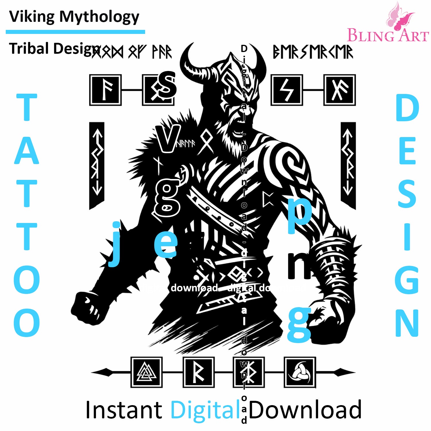 Viking God of War Tyr - Digital Design (PNG, JPEG, SVG) - Instant Download for Tattoos, T-Shirts, Wall Art