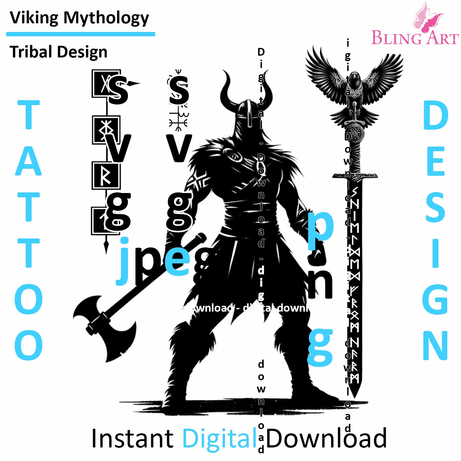 Viking Shielded from Harm- Digital Design (PNG, JPEG, SVG) - Instant Download for Tattoos, T-Shirts, Wall Art