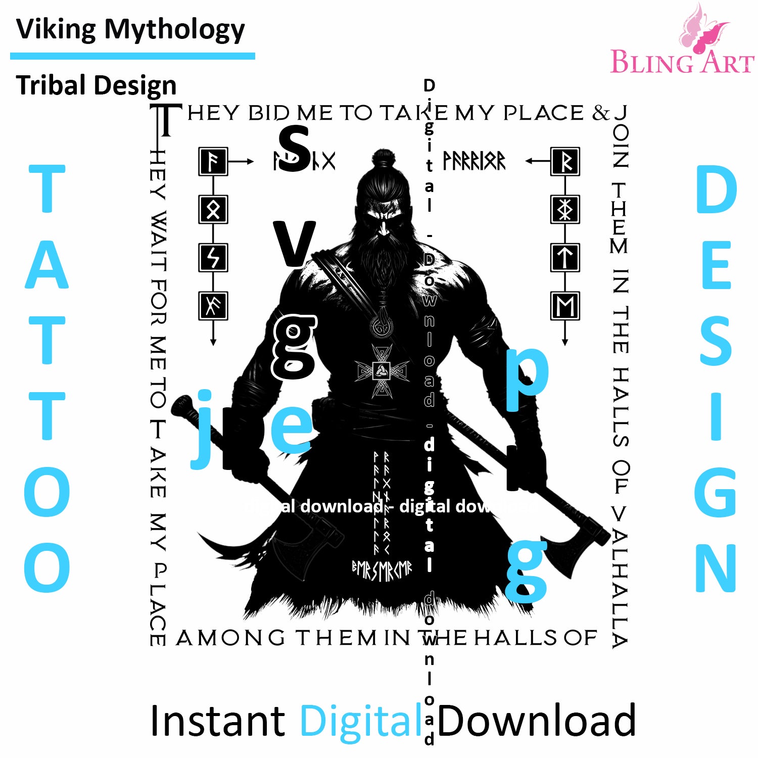 Viking Valhalla Warrior - Digital Design (PNG, JPEG, SVG) - Instant Download for Tattoos, T-Shirts, Wall Art