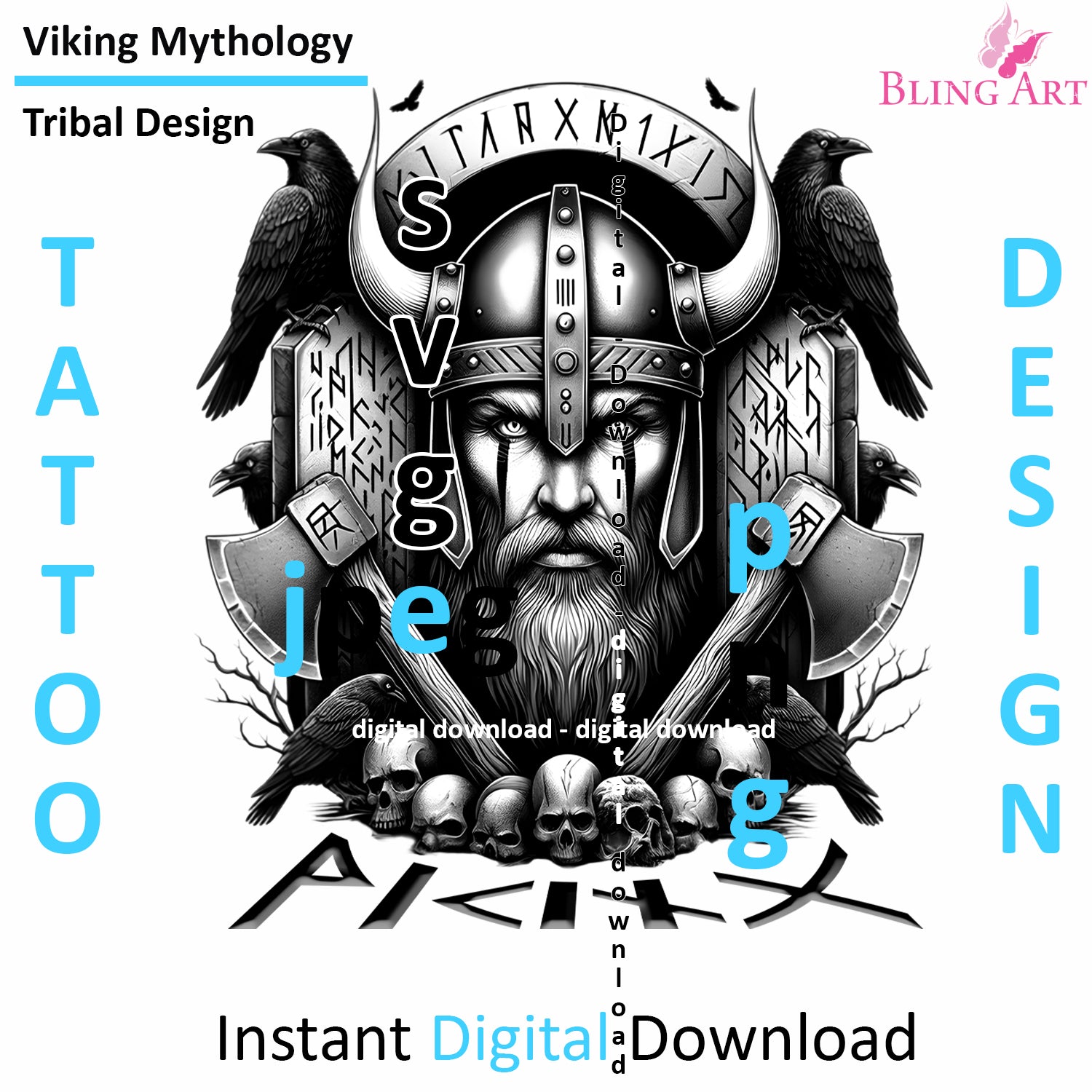 Viking Axe Warrior - Digital Design (PNG, JPEG, SVG) - Instant Download for Tattoos, T-Shirts, Wall Art
