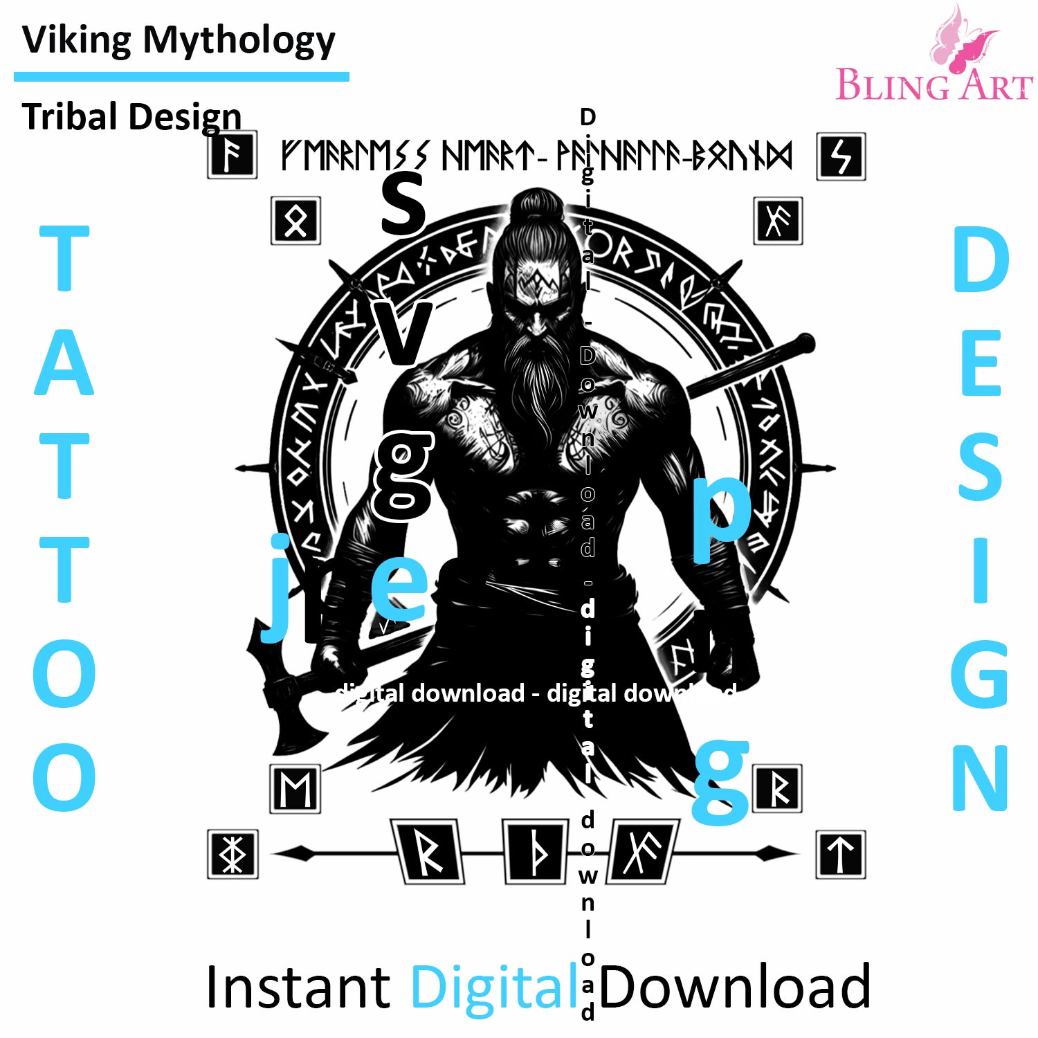 Viking Fearless Warrior - Digital Design (PNG, JPEG, SVG) - Instant Download for Tattoos, T-Shirts, Wall Art