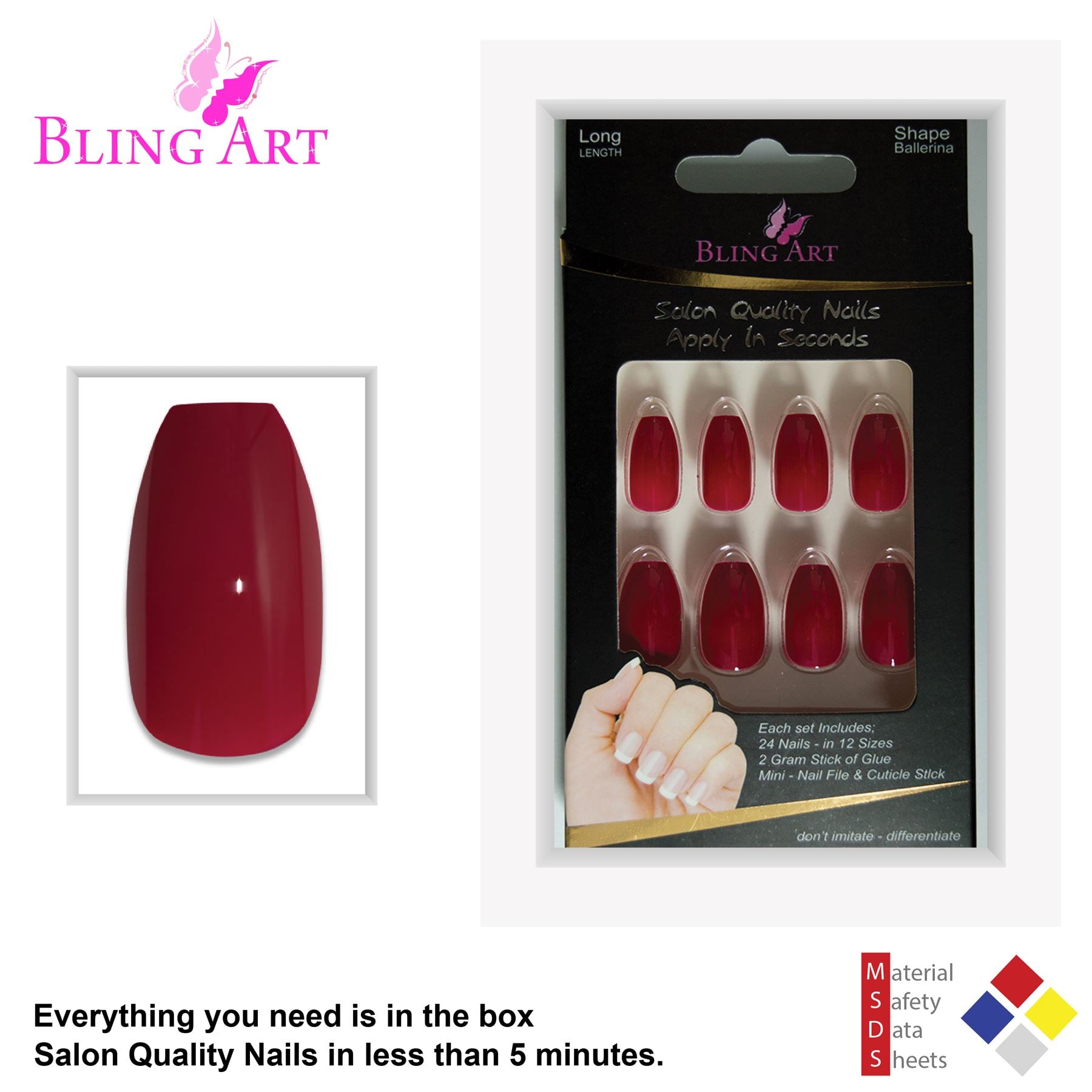 False Nails by Bling Art Red Polished Ballerina Coffin Long Acrylic Fake Tips