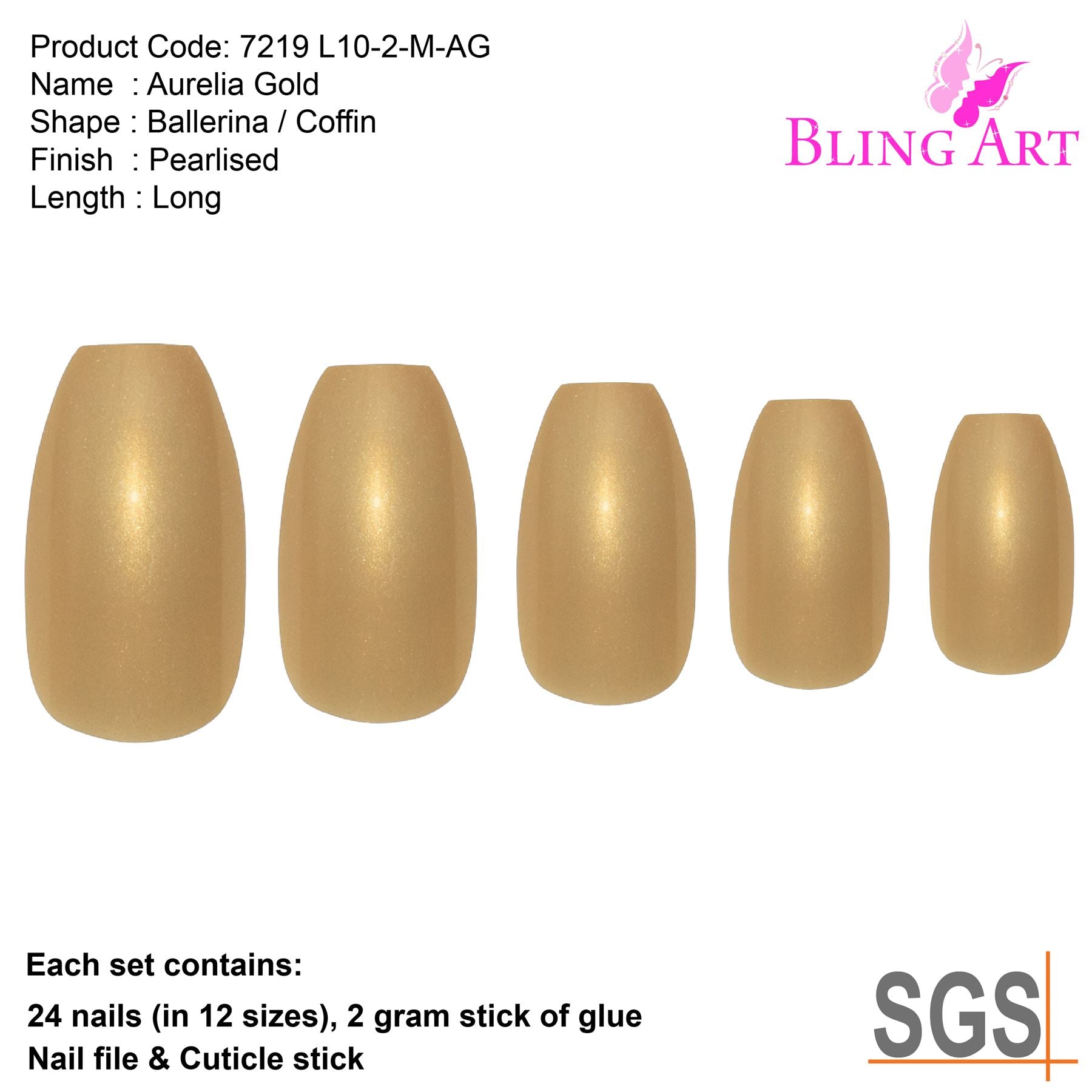 False Nails by Bling Art Gold Glitter Ballerina Coffin 24 Fake Long Acrylic Tips
