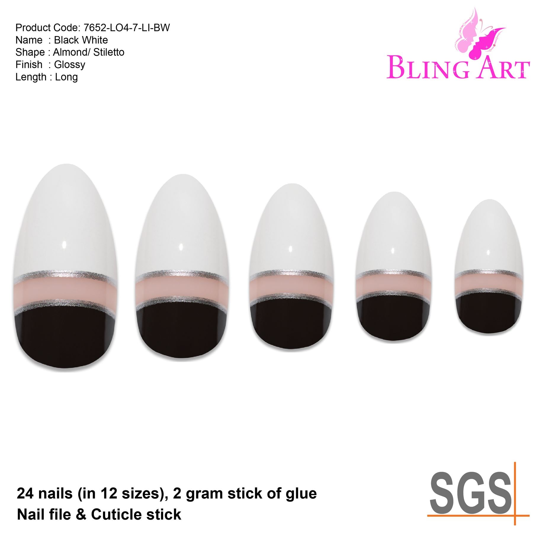 False Nails by Bling Art Black White Glossy Almond Stiletto Acrylic Fake Tips
