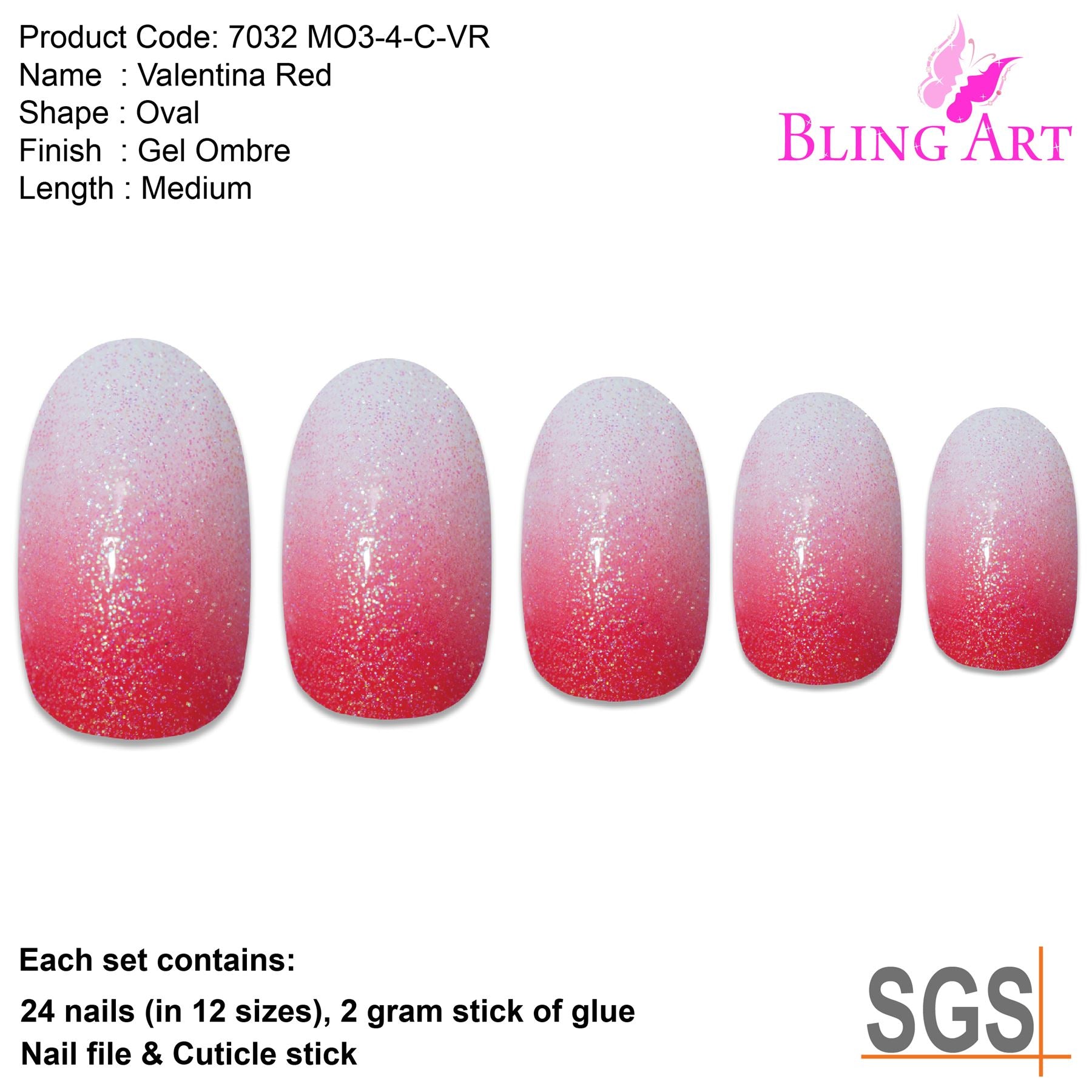 False Nails by Bling Art Red Gel Ombre Oval Medium Fake Acrylic 24 Tips Glue