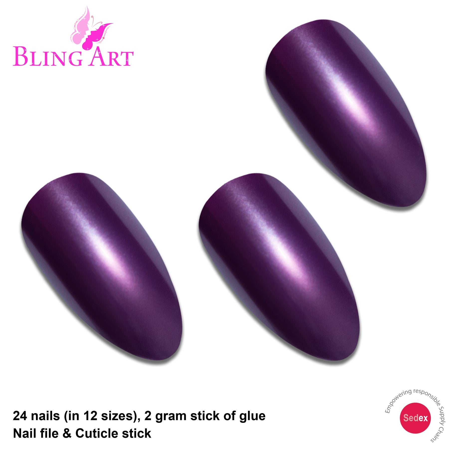 False Nails by Bling Art Purple Polished Almond Stiletto Long Fake Acrylic Tips