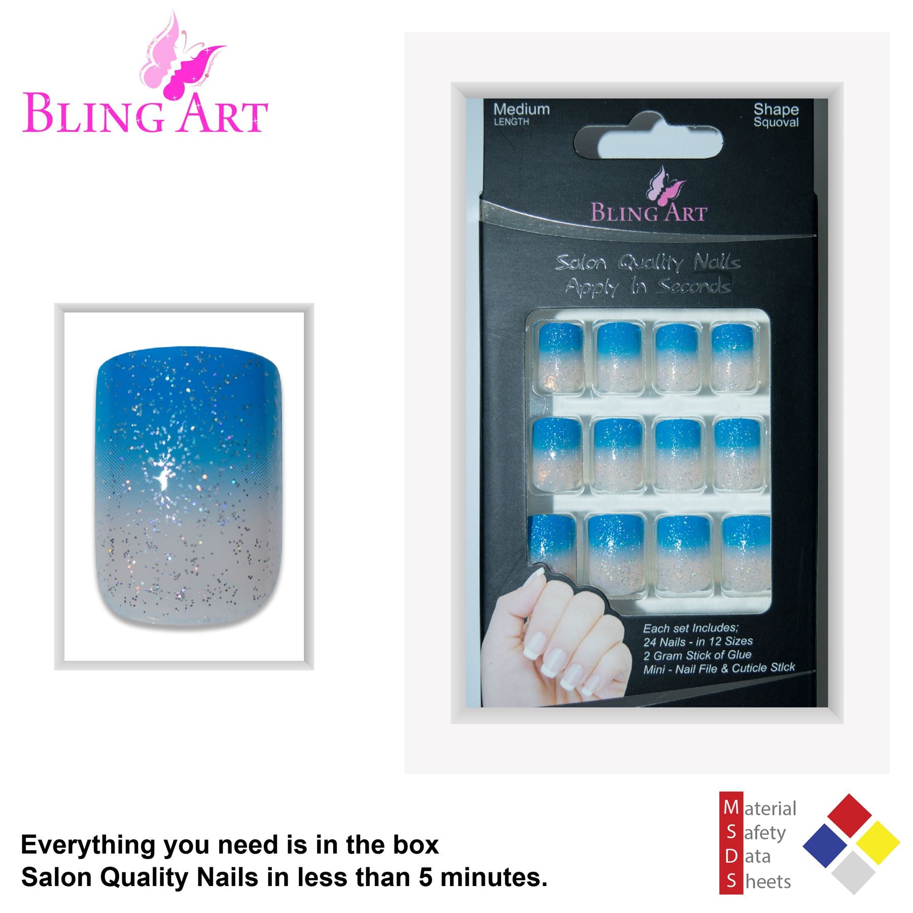 False Nails by Bling Art Blue Sparkle French Manicure Fake Medium Tips with Glue
