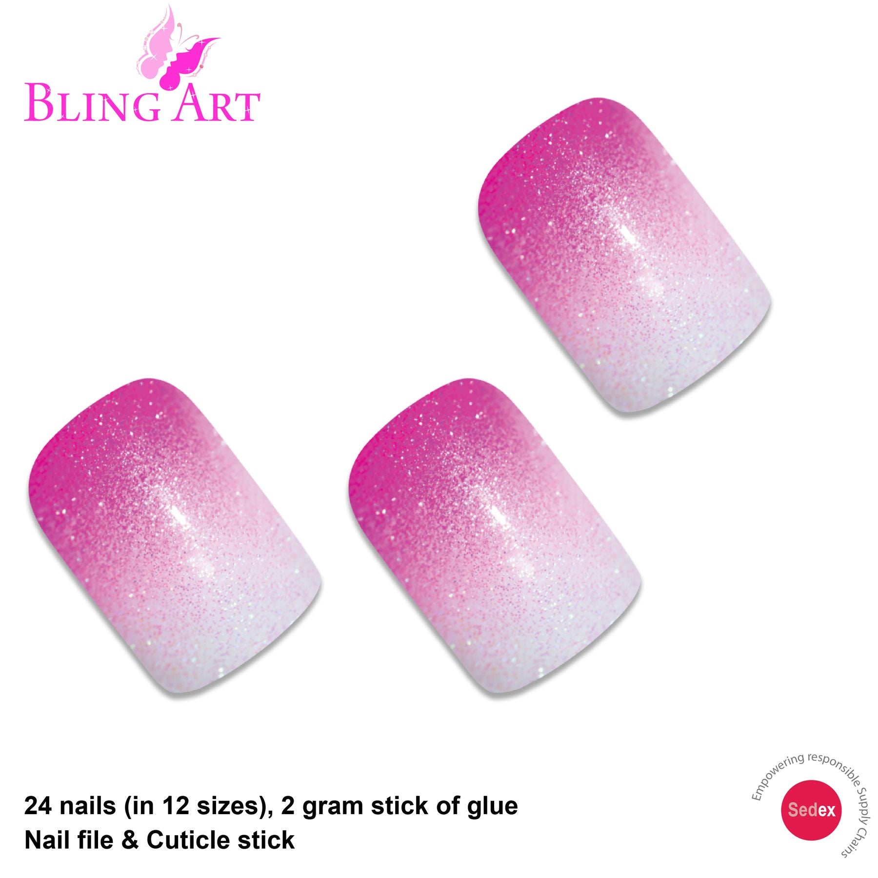 False Nails by Bling Art Pink Gel Ombre French Squoval 24 Fake Medium Tips