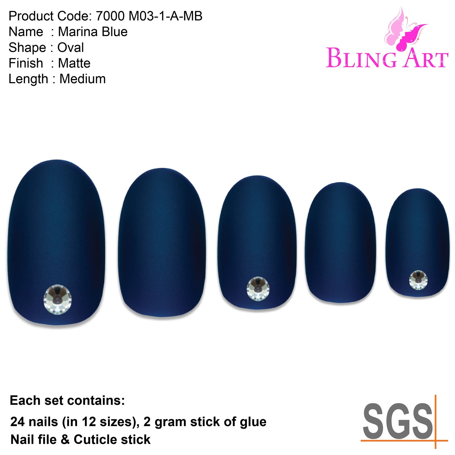 False Nails by Bling Art Blue Matte Oval Medium Fake Acrylic 24 Tips with Glue