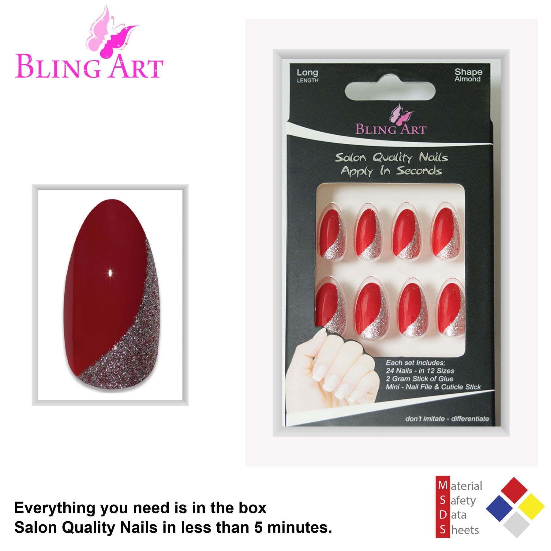 False Nails by Bling Art Red Glitter Almond Stiletto Acrylic 24 Fake Long Tips