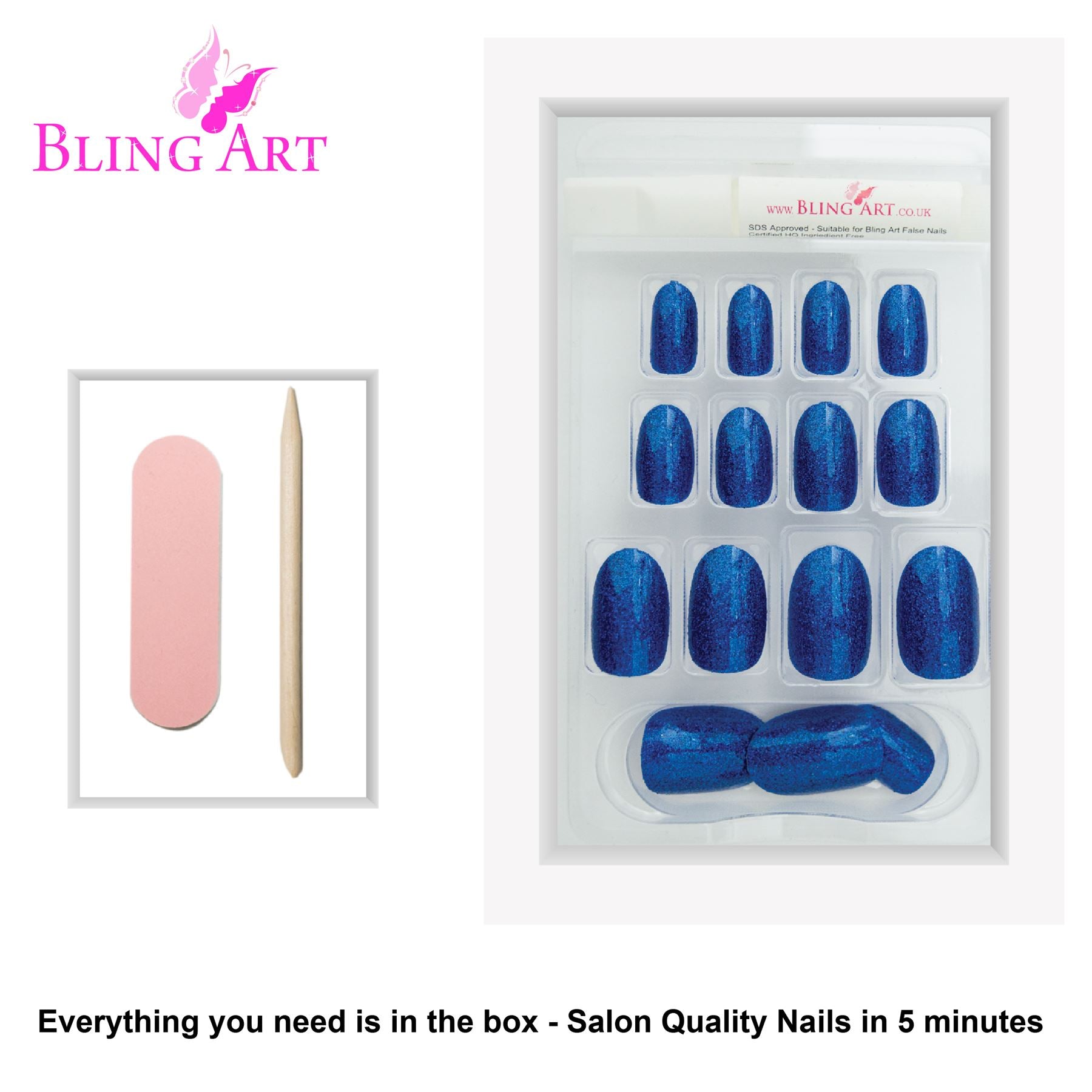 False Nails by Bling Art Blue Gel Oval Medium Fake Acrylic 24 Tips with Glue