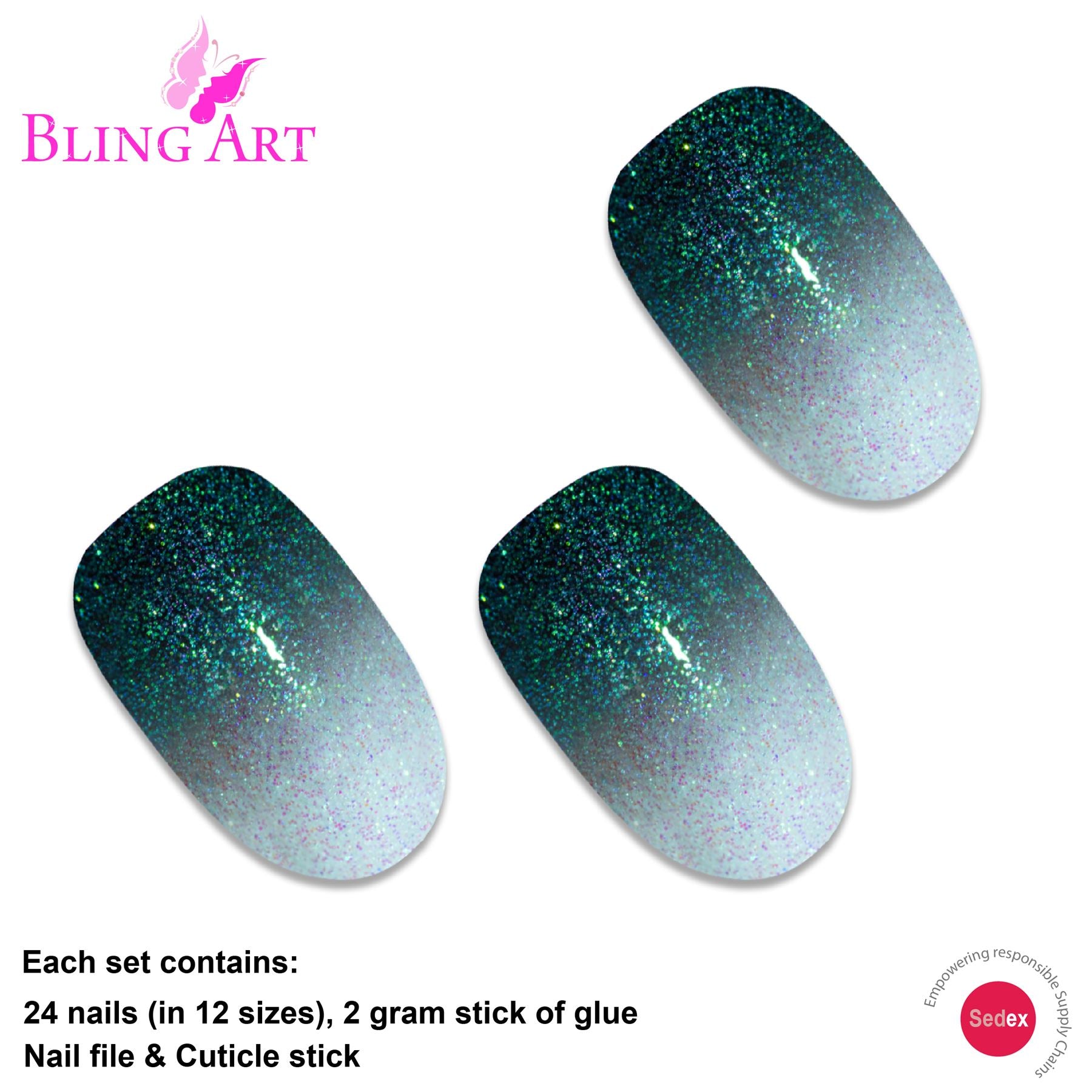 False Nails by Bling Art Black Gel Ombre Oval Medium Fake Acrylic 24 Tips Glue