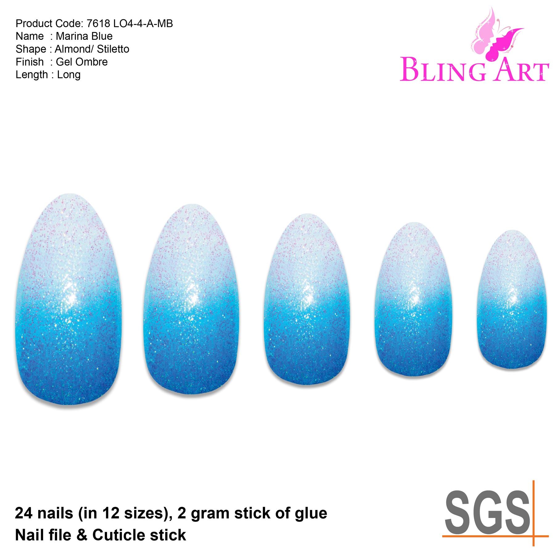 False Nails by Bling Art Blue Gel Ombre Almond Stiletto Fake Long Tips